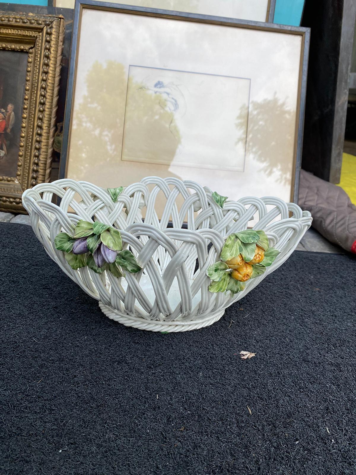 20th Century Italian Reticulated Creamware Basket with Fruit, Marked 'Italy' 1