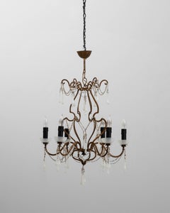 20th Century Italian Rococo Revival Gilt Metal Chandelier With Glass Drops
