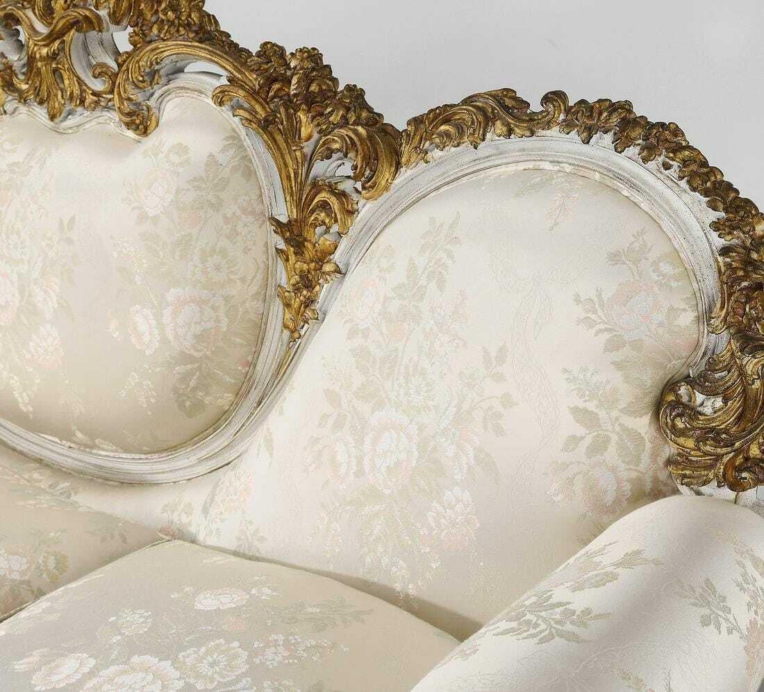 20th Century Italian Rococo Style Carved, Gilt, Satin, Set of 3 Sofa, Bergeres! In Good Condition For Sale In Austin, TX