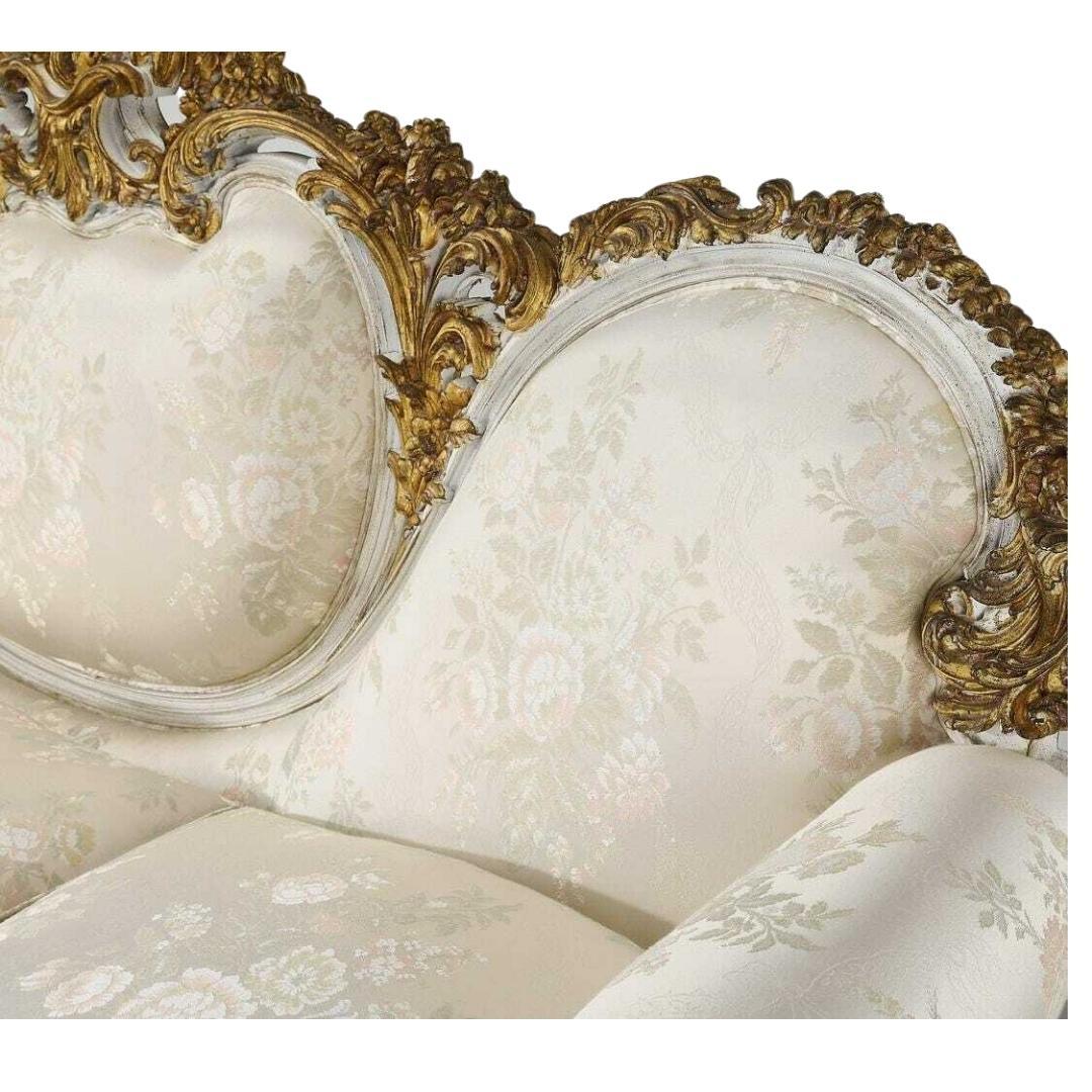 20th Century Italian Rococo Style Carved, Gilt, Satin, Set of 3 Sofa, Bergeres! For Sale 1
