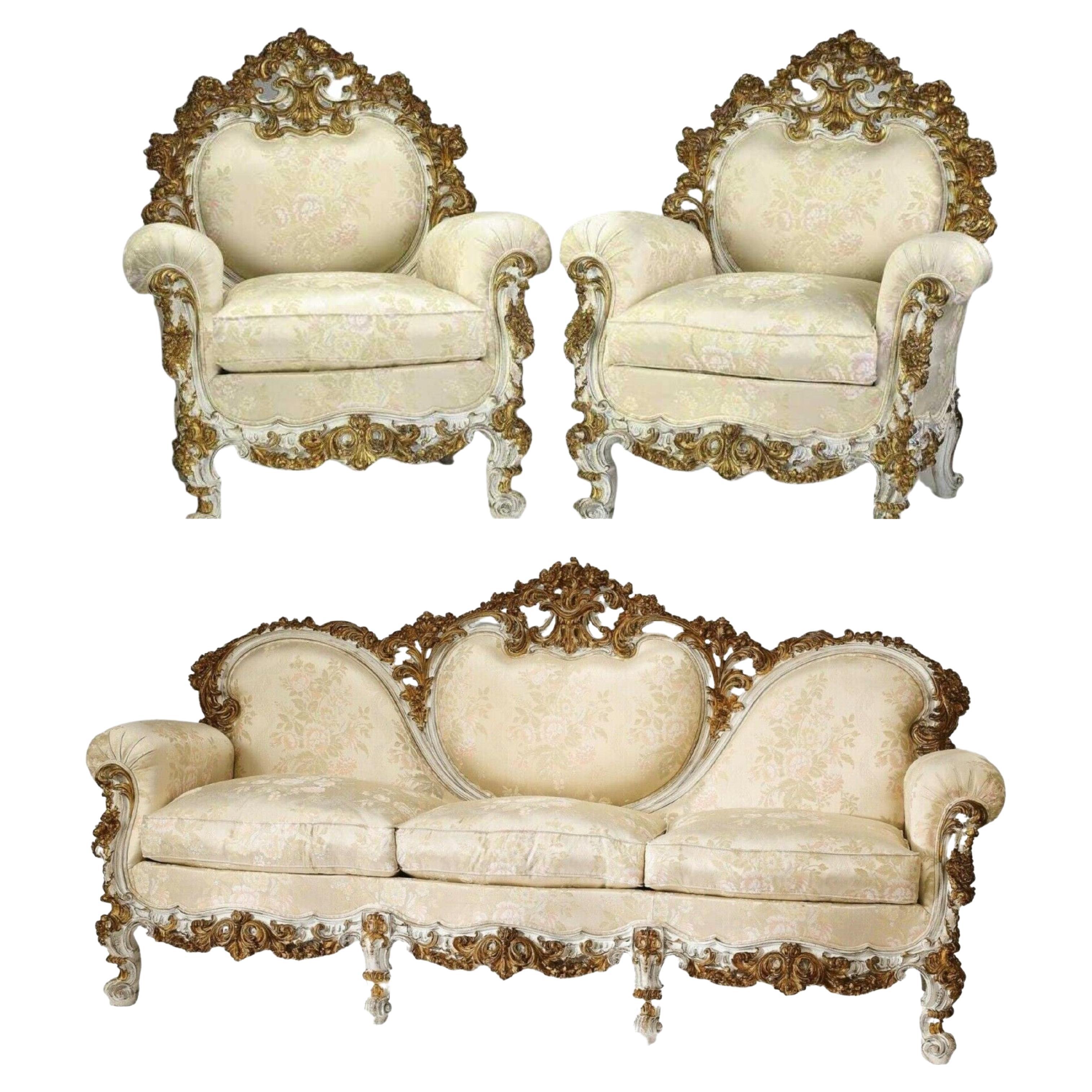 20th Century Italian Rococo Style Carved, Gilt, Satin, Set of 3 Sofa, Bergeres! For Sale