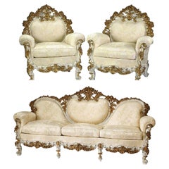 20th Century Italian Rococo Style Carved, Gilt, Satin, Set of 3 Sofa, Bergeres!