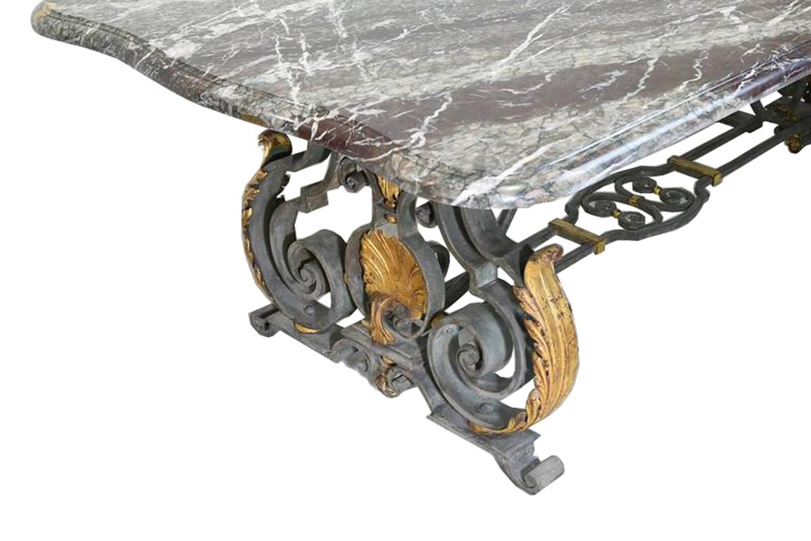 French Rococo-Style Campan Melange Marble-Top Dining Table with Forged Iron Base 5