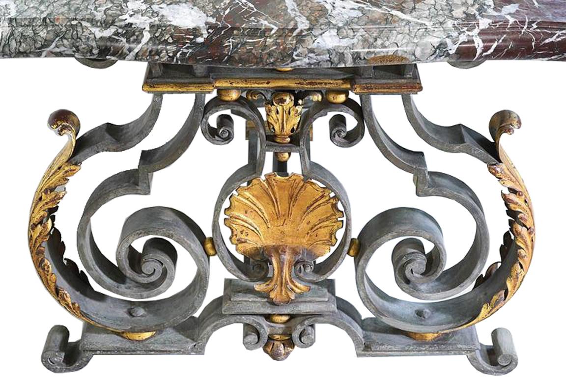 French Rococo-Style Campan Melange Marble-Top Dining Table with Forged Iron Base 4