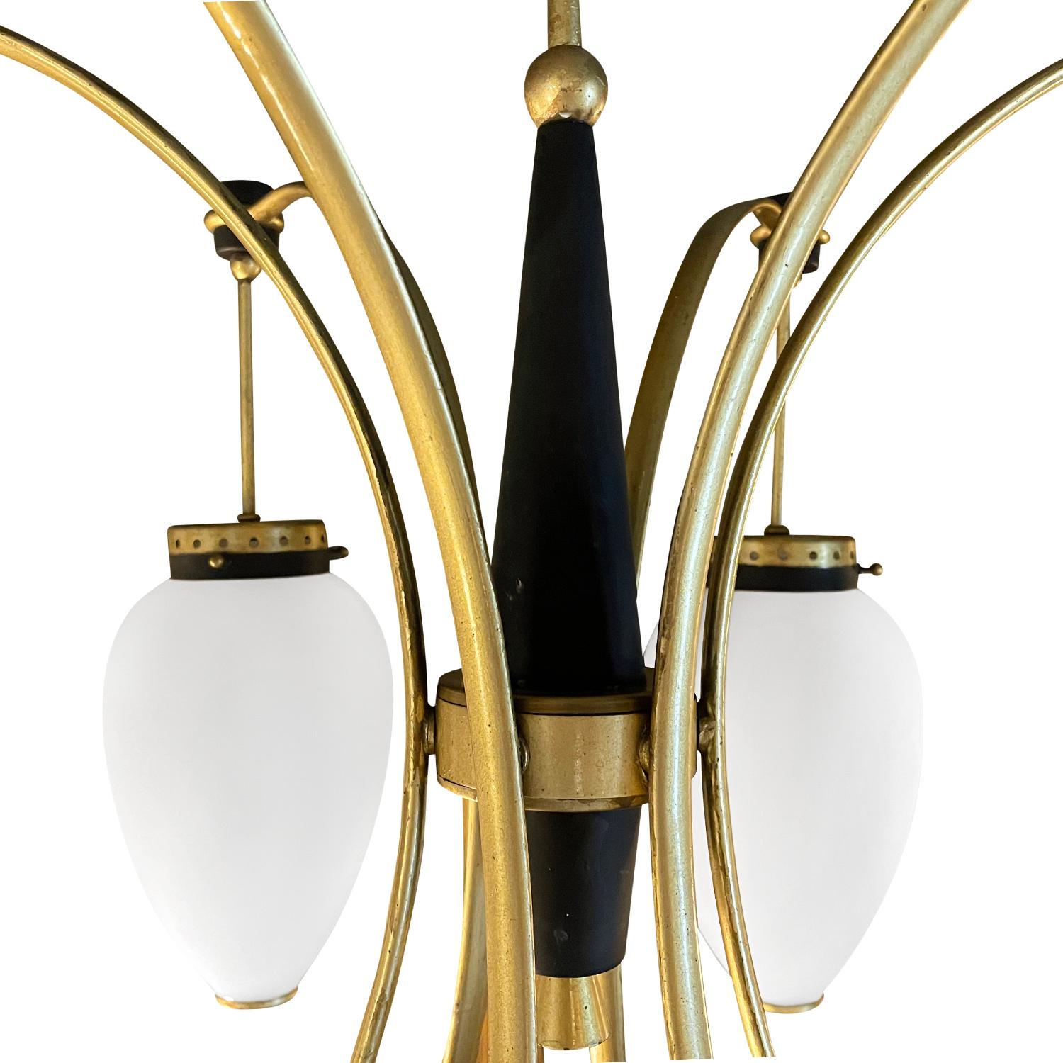 Metal 20th Century Italian Round Polished Brass, Opaline Glass Pendant by Stilnovo