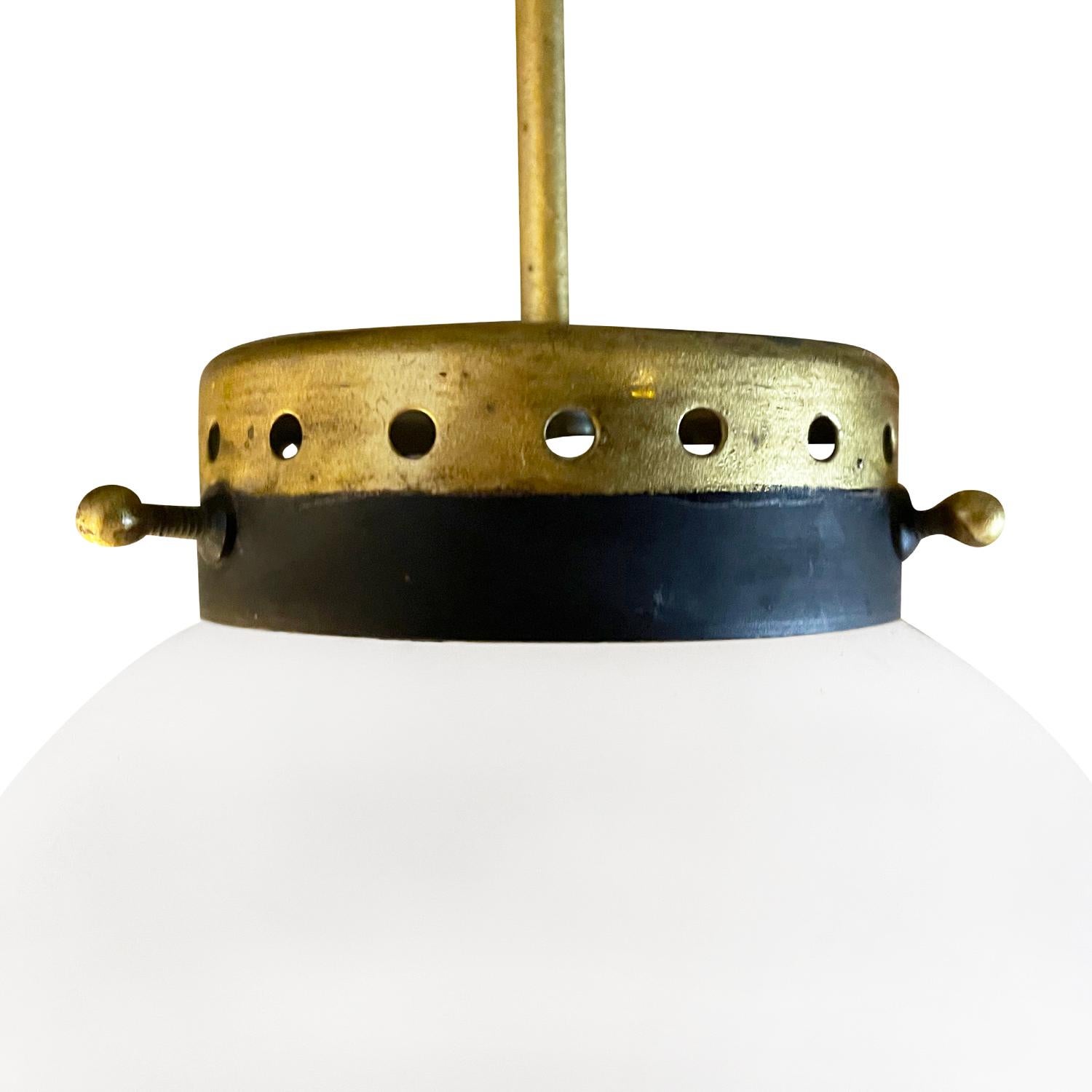 20th Century Italian Round Polished Brass, Opaline Glass Pendant by Stilnovo 2