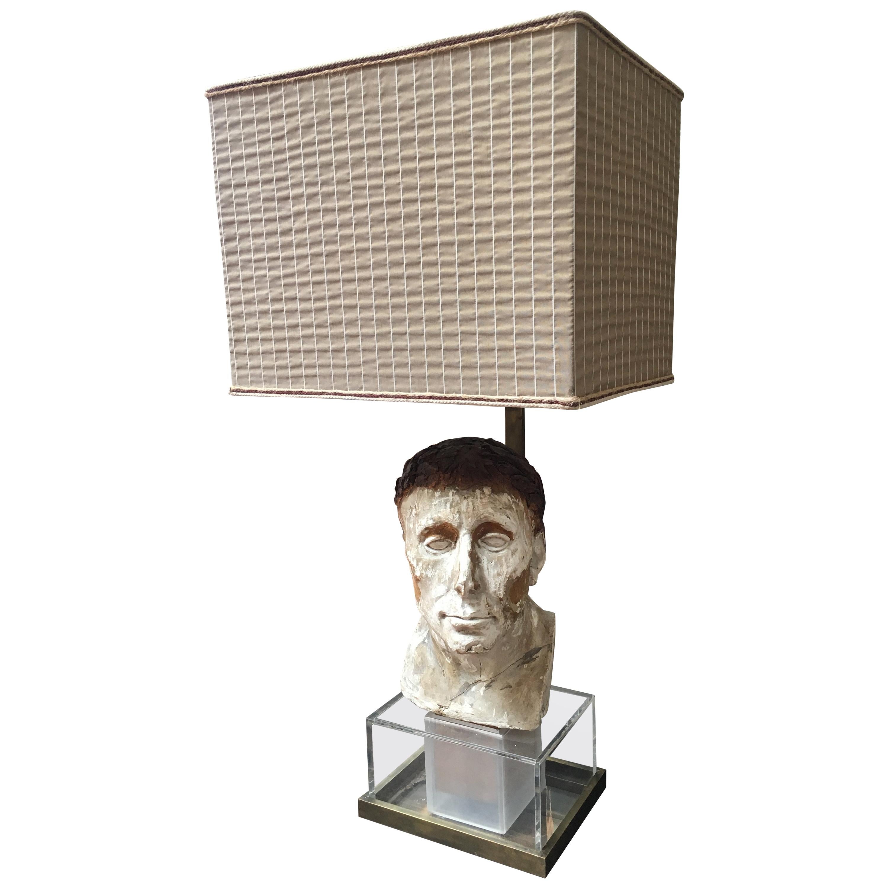 20th Century Italian Sculptural Face Table Lamp with Fabric Lampshade For Sale
