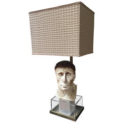 20th Century Italian Sculptural Face Table Lamp with Fabric Lampshade