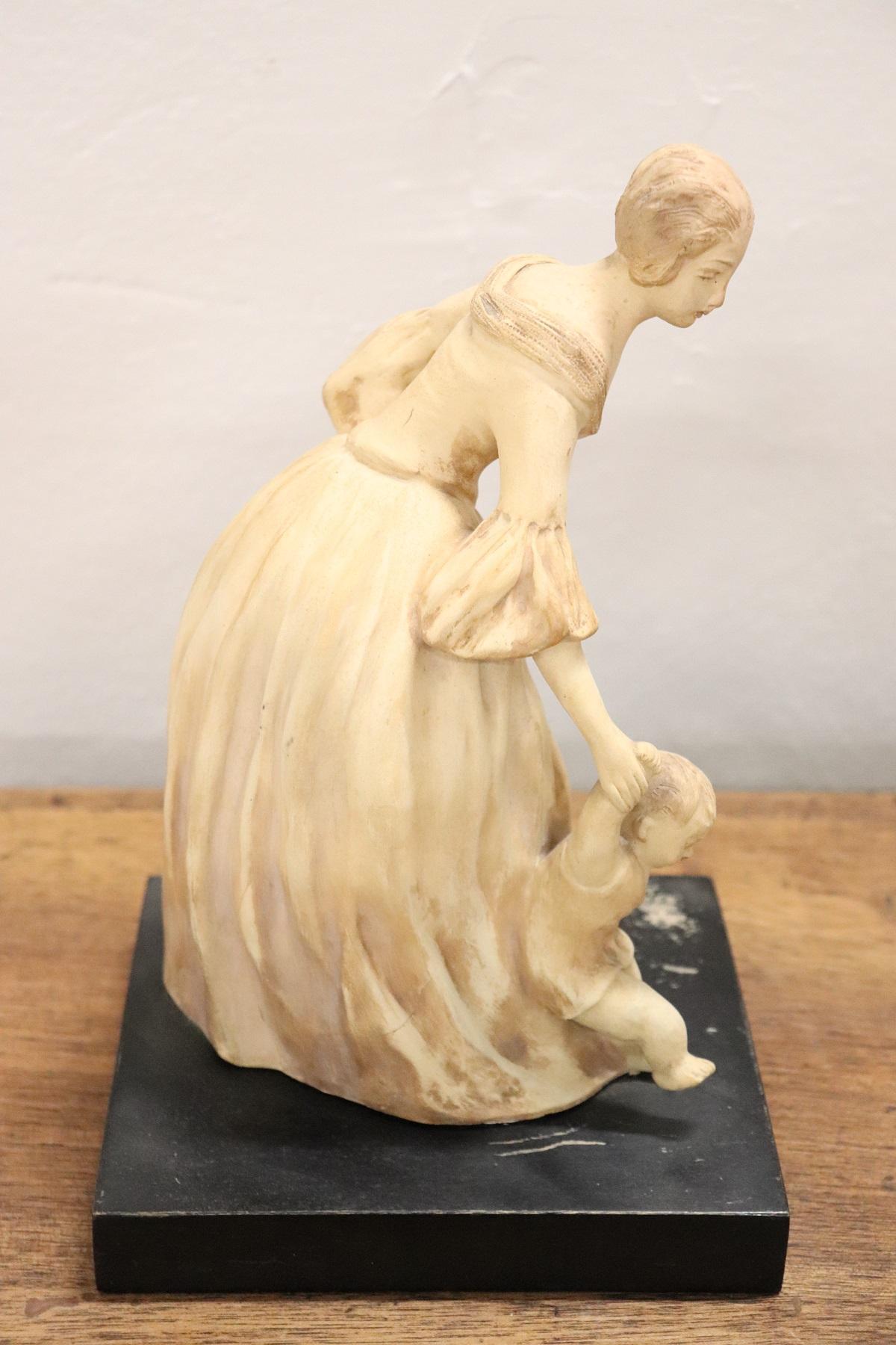 20th Century Italian Sculpture in Clay Mom with Her Baby, Signed 1