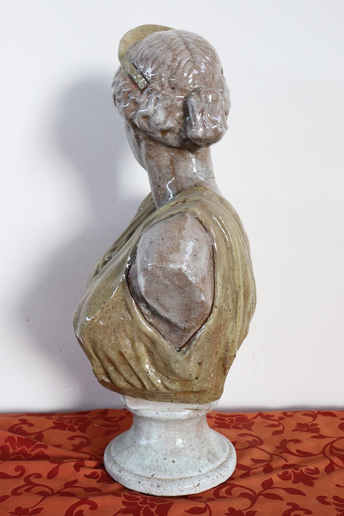 20th Century Italian Sculpture in Glazed Clay Bust of a Roman Woman 5