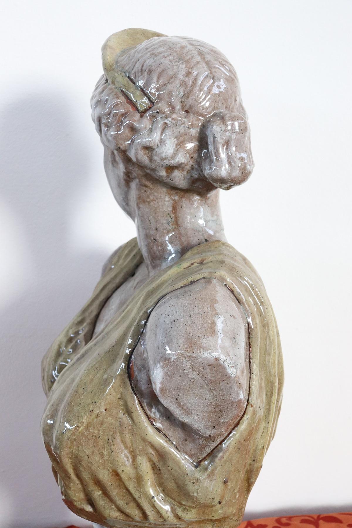 20th Century Italian Sculpture in Glazed Clay Bust of a Roman Woman 6