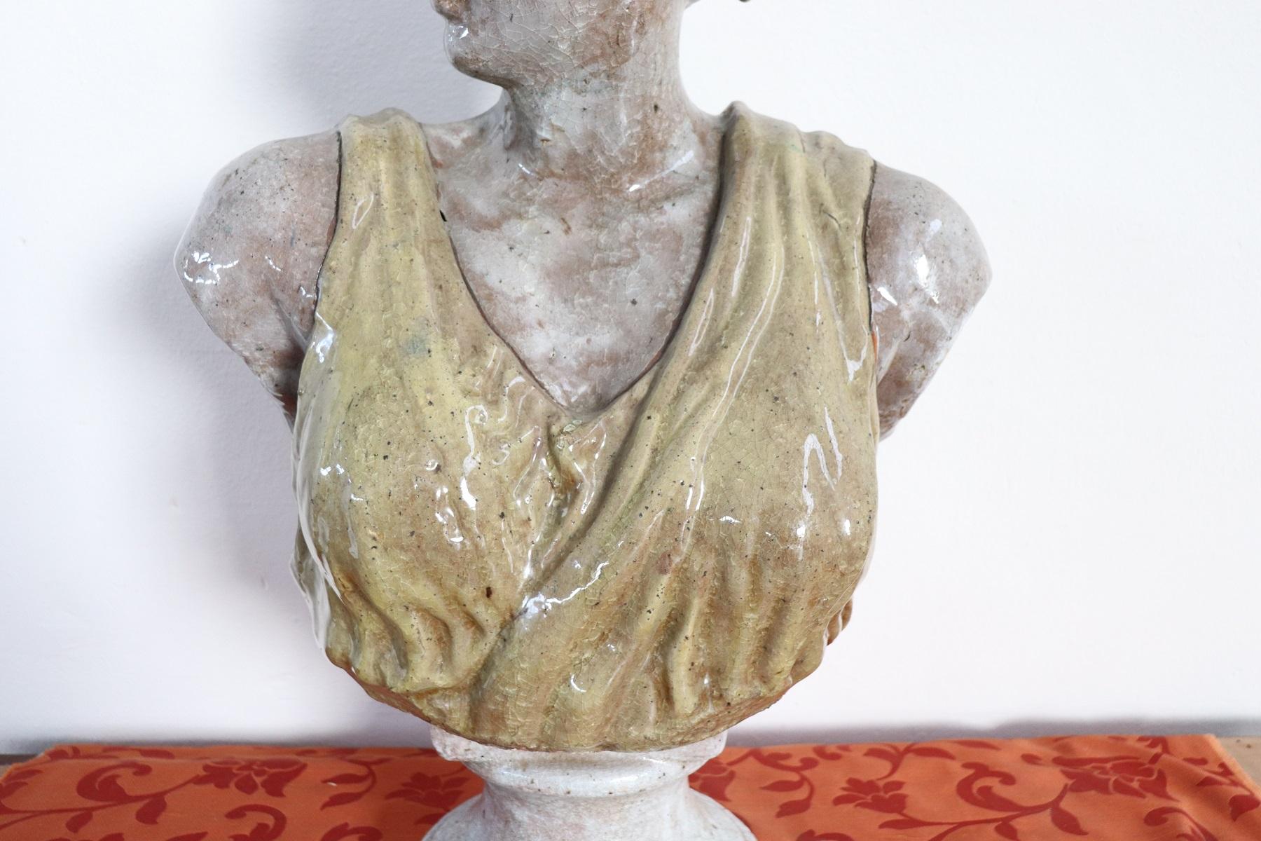 Large bust of ancient Roman woman. Handmade in terracotta painted and decorated with glazed technique. Refined classical Italian tradition sculpture.
This sculpture is proposed for you at an excellent price. Buy from us only true antiques from the