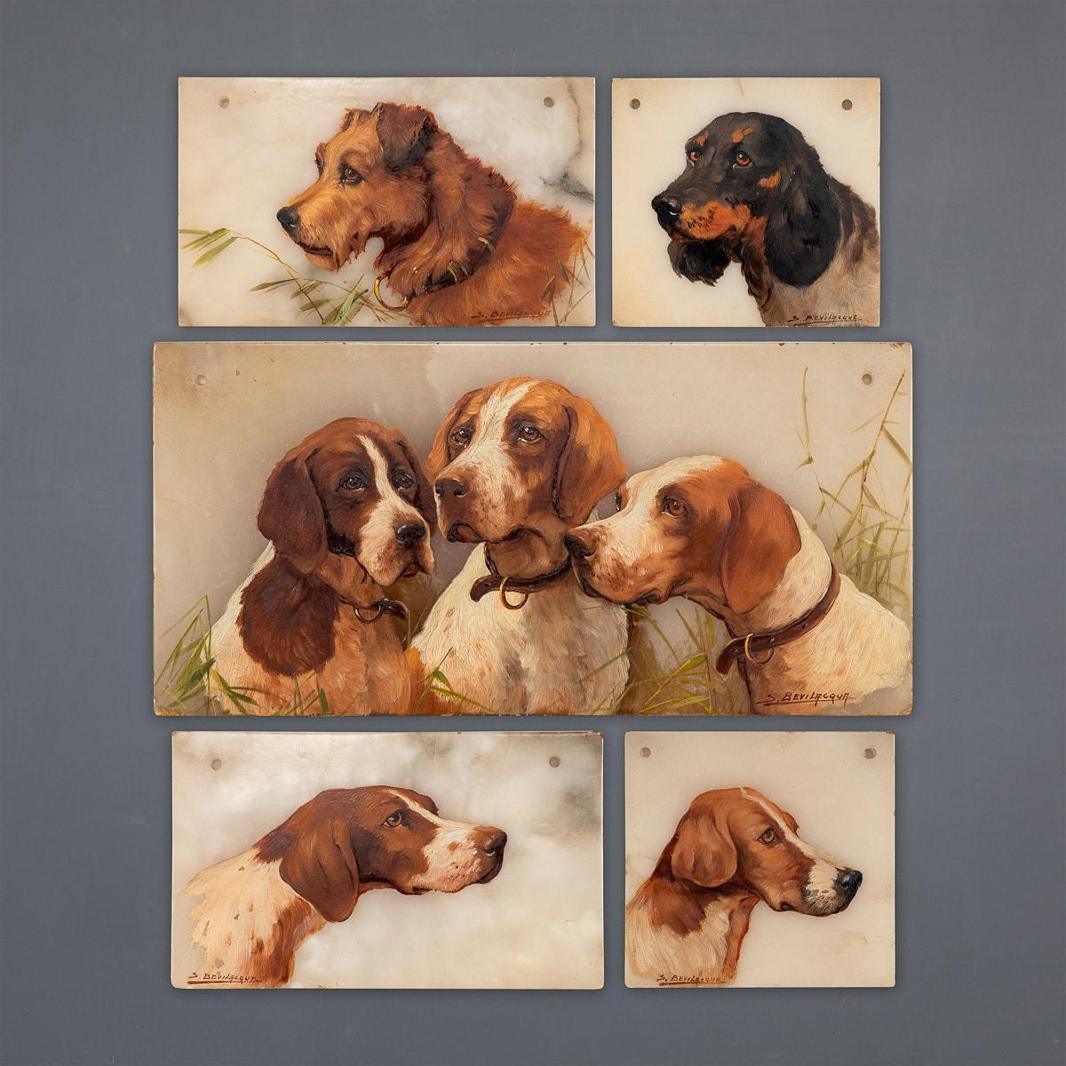 A stunning set of five 20th Century oil on marble tile paintings of gun dogs, featuring an assortment of sizes of different artworks. Dating to the 1920's, these were painted by the talented Italian artist S Bevilacqua. All are signed. 

This rare