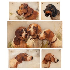 Antique 20th Century Italian Set Of Five Oil On Marble Paintings Of Gun Dogs c.1920