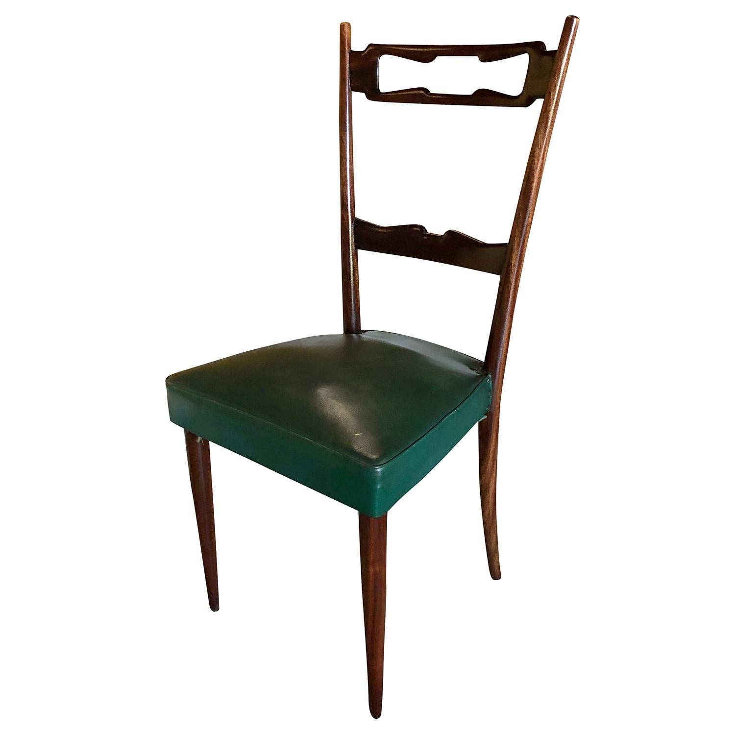 Mid-Century Modern 20th Century Dark-Green Italian Set of Five Walnut Dining Chairs by Paolo Buffa