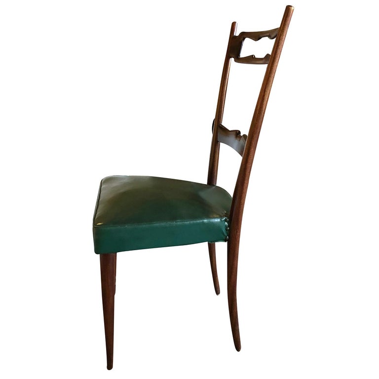 Hand-Carved 20th Century Dark-Green Italian Set of Five Walnut Dining Chairs by Paolo Buffa For Sale