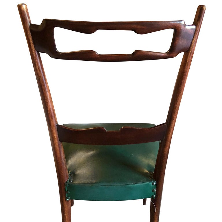 Leather 20th Century Dark-Green Italian Set of Five Walnut Dining Chairs by Paolo Buffa For Sale