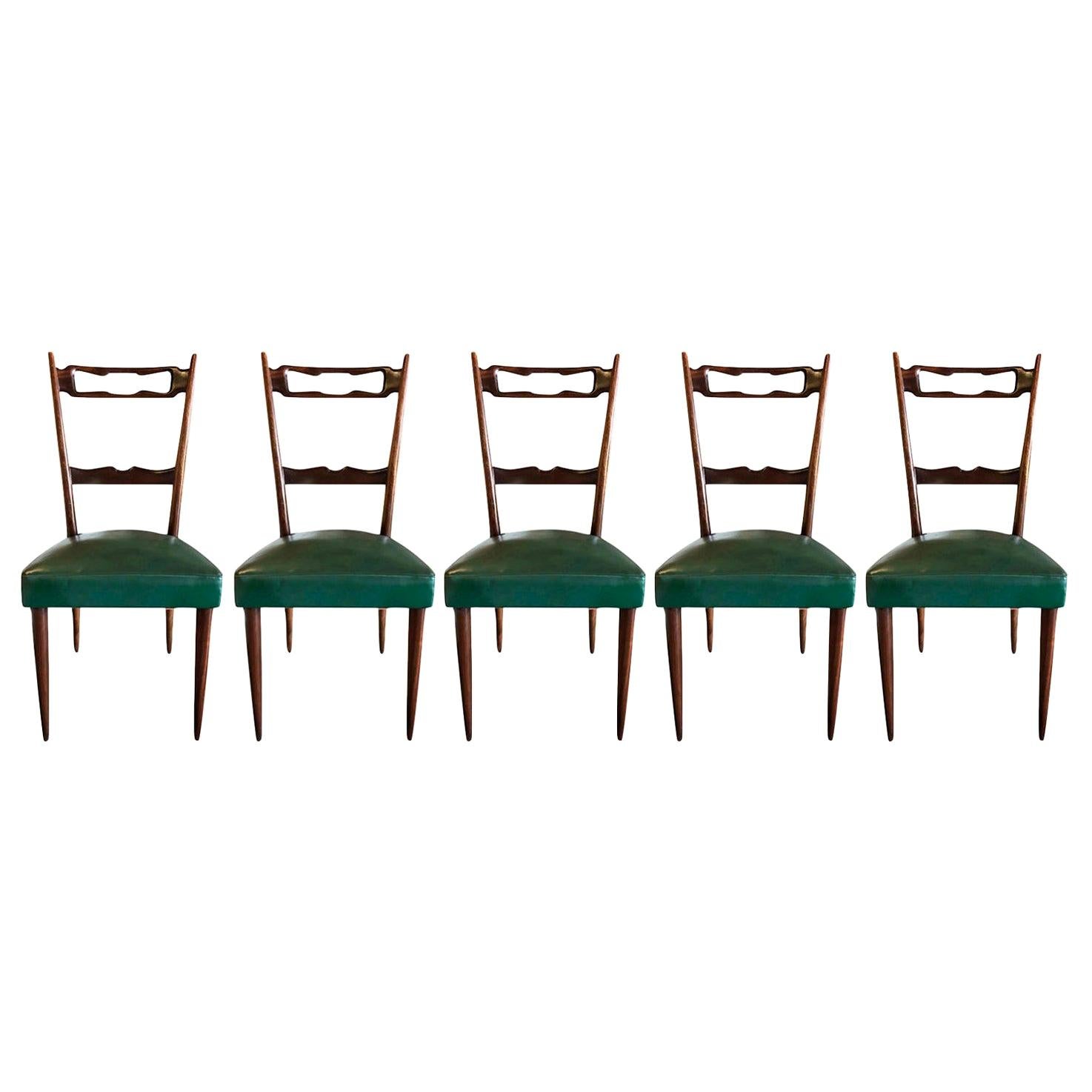 20th Century Dark-Green Italian Set of Five Walnut Dining Chairs by Paolo Buffa For Sale