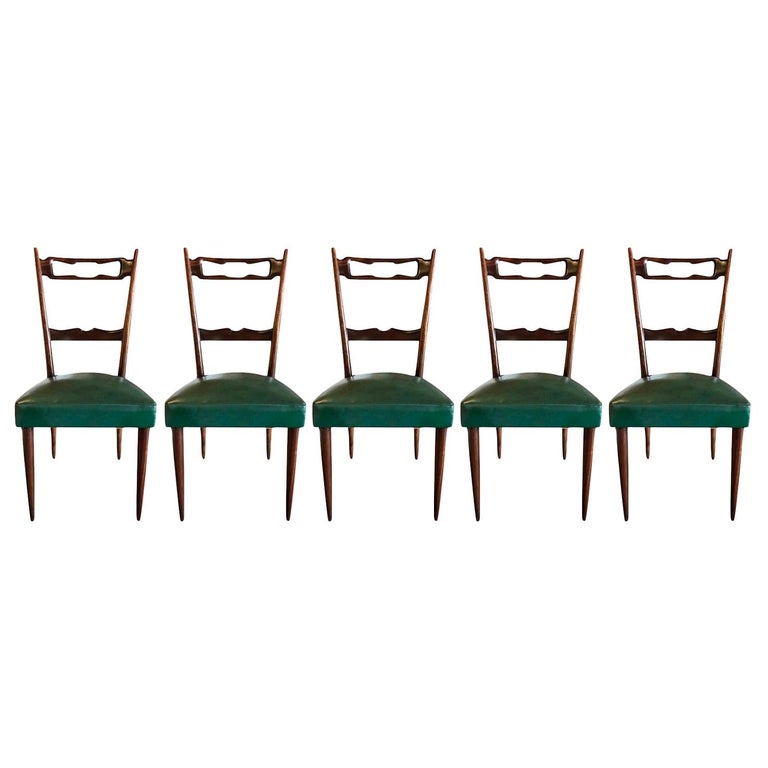 20th Century Dark-Green Italian Set of Five Walnut Dining Chairs by Paolo Buffa For Sale