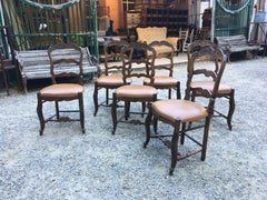20th Century Italian Set of Six Carved Beechwood Chairs with Faux Leather Seat
