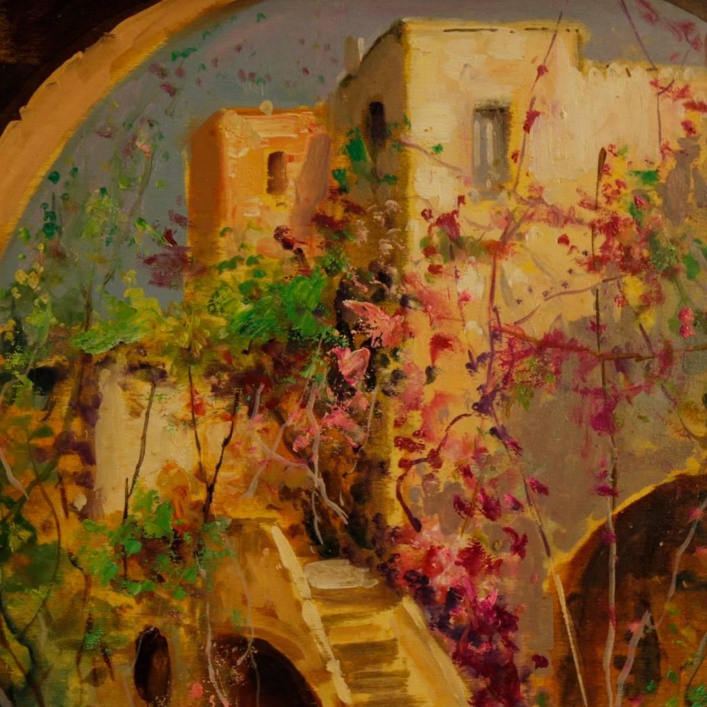 20th Century Italian Signed Oil on Board Painting Depicting Flowered Village In Good Condition In Vicoforte, Piedmont