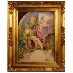 20th Century Italian Signed Oil on Board Painting Depicting Flowered Village