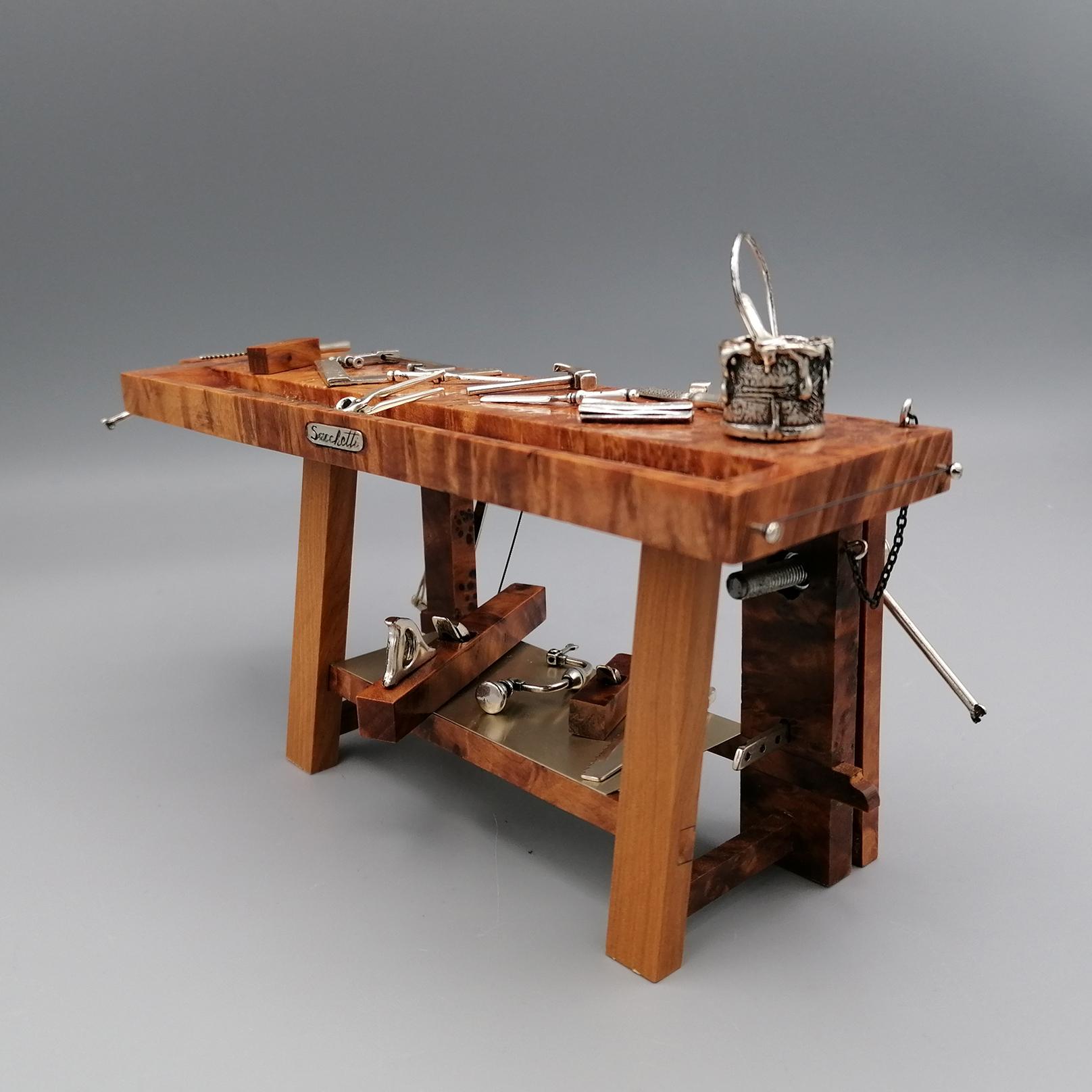 20th Century Italian Silver and wood carpenter workbench miniature 4
