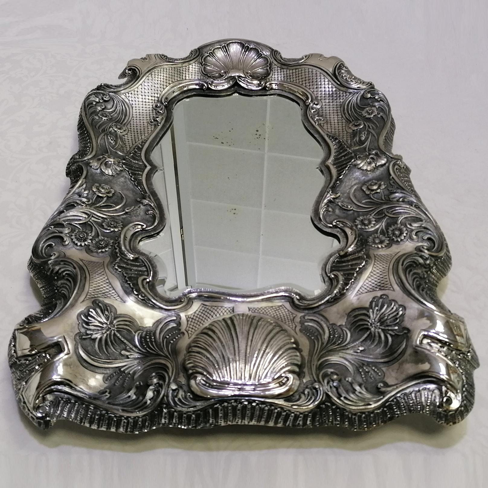 Engraved 20th Century Italian Silver Barocco Wall or Table Mirror For Sale