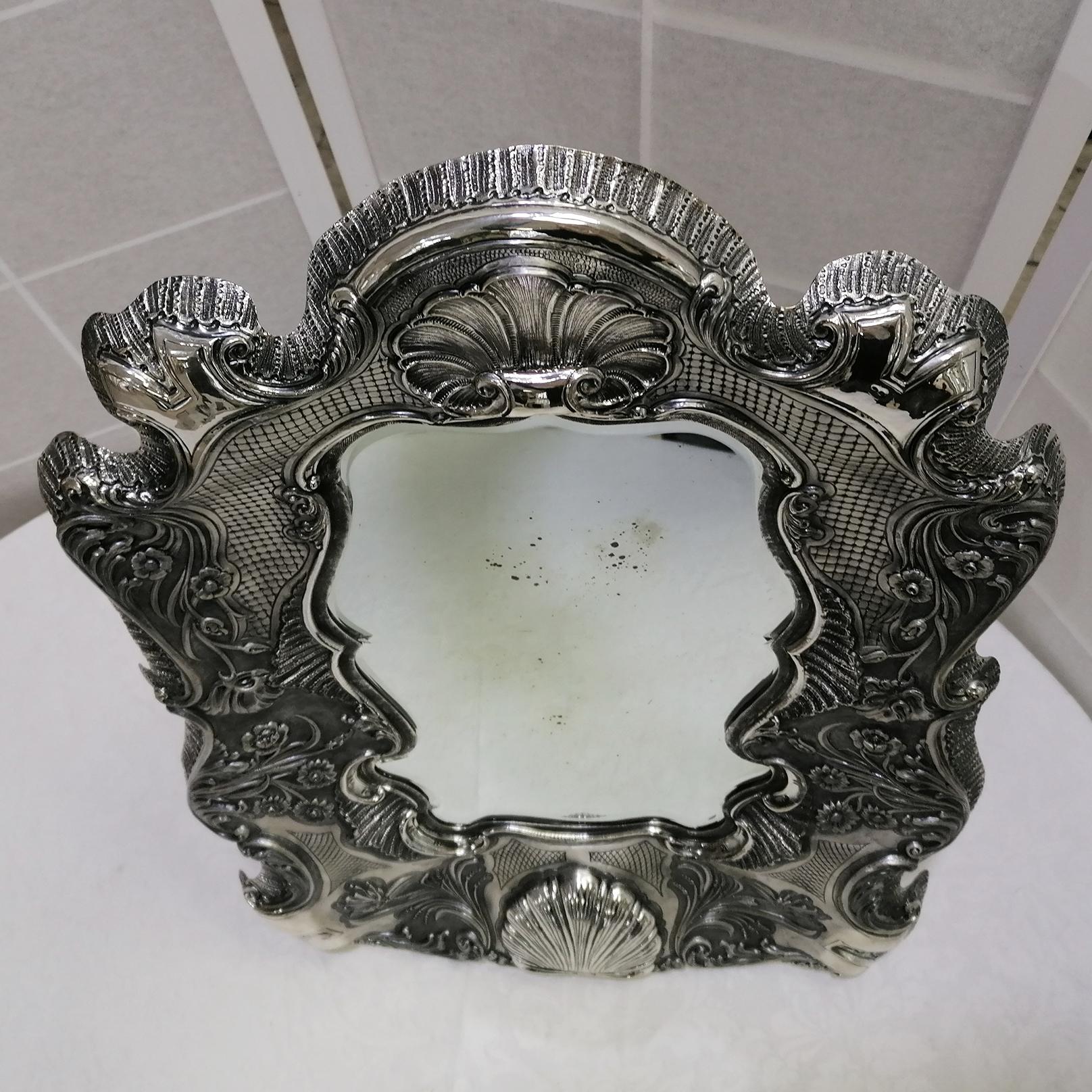 20th Century Italian Silver Barocco Wall or Table Mirror For Sale 1