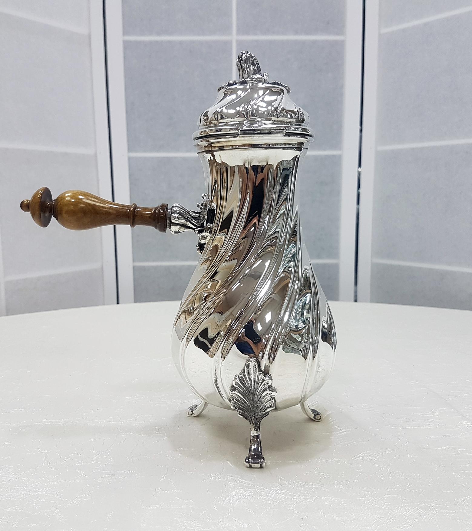 Turned 20th Century Italian Silver Baroque Style Chocolate Pot on feet For Sale