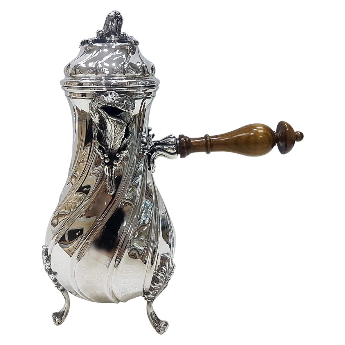 20th Century Italian Silver Baroque Style Chocolate Pot on feet For Sale