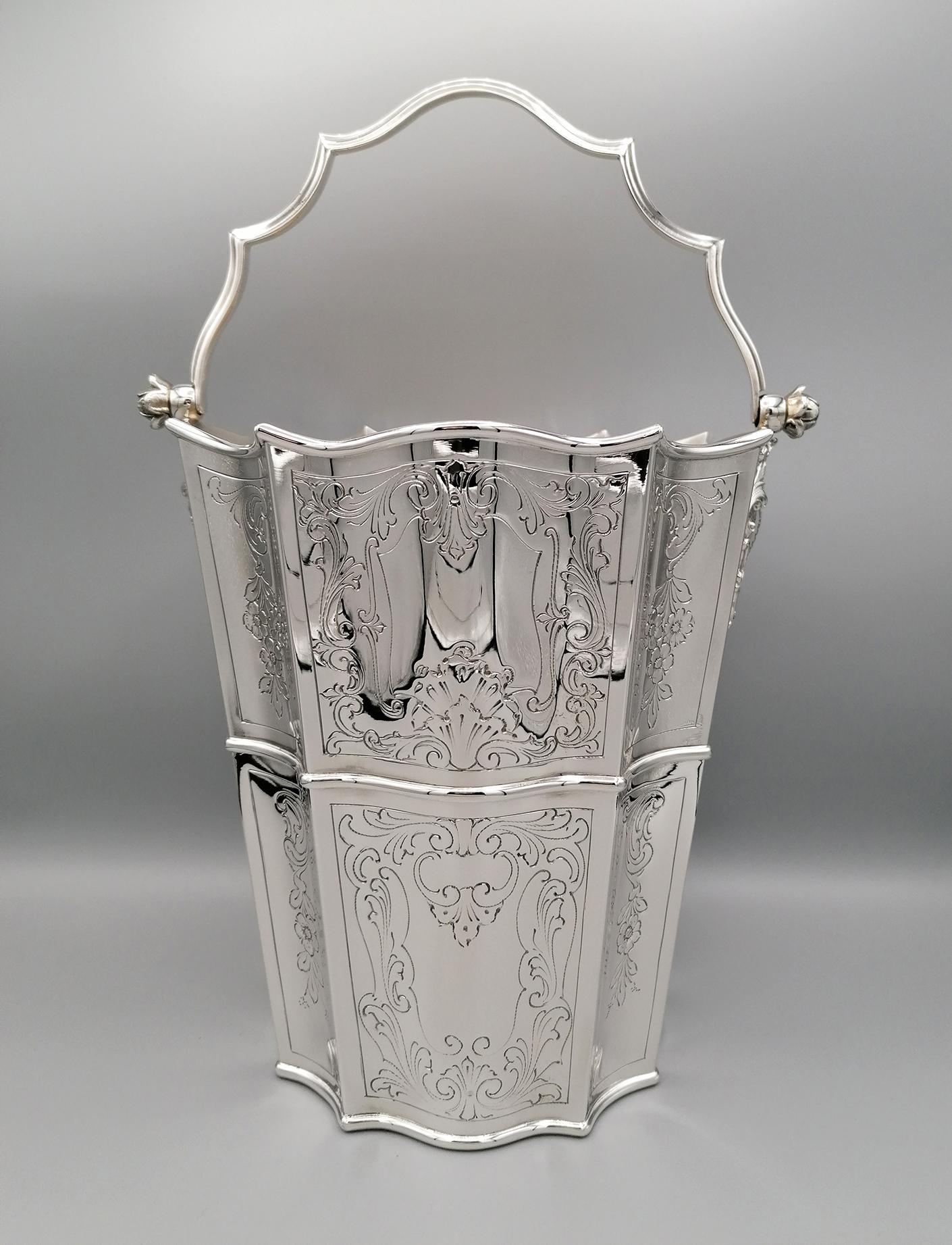 Hand-Crafted 20th Century Italian Silver Baroque Style Conic Champagne Bucket with Handle