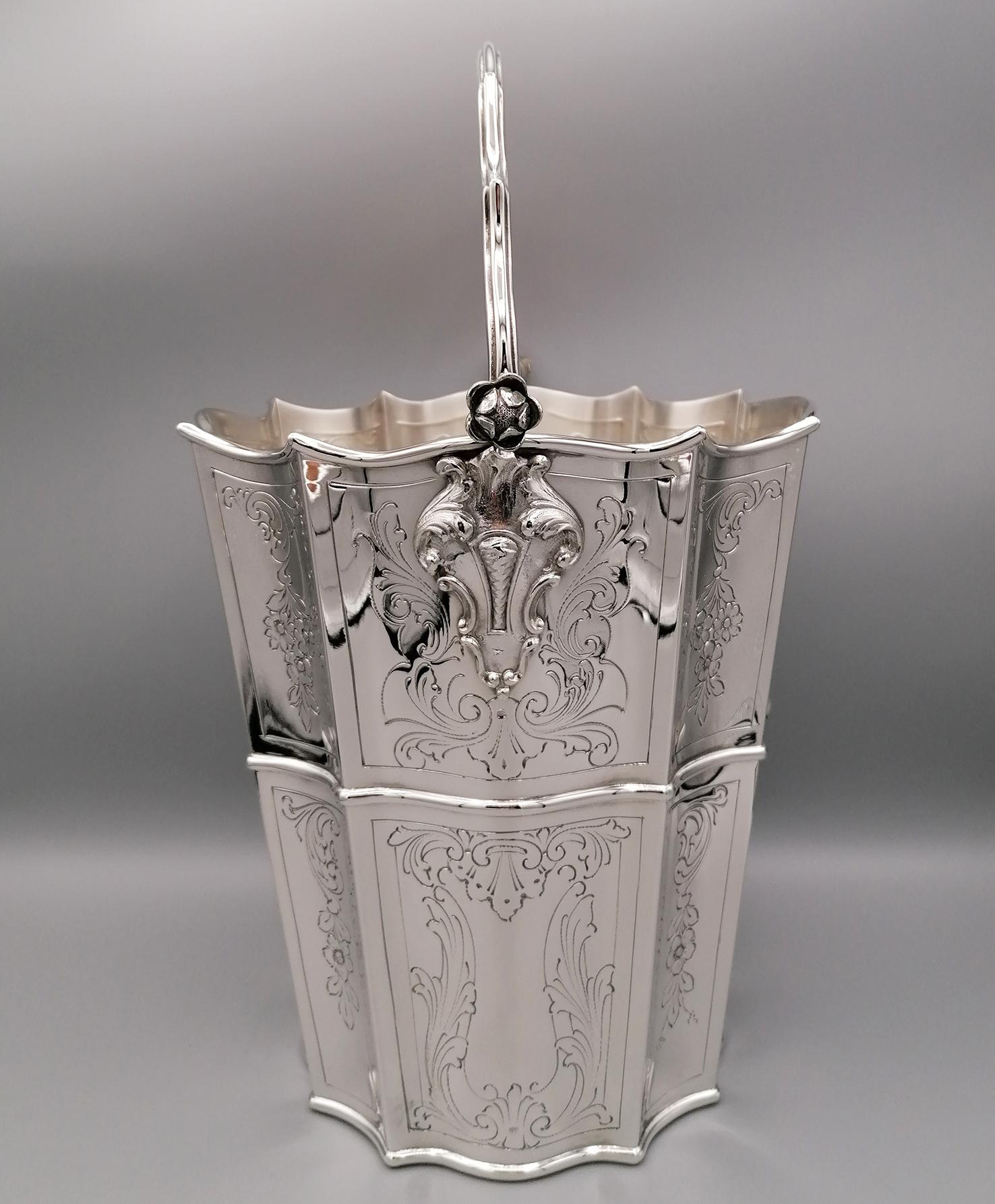 20th Century Italian Silver Baroque Style Conic Champagne Bucket with Handle 1