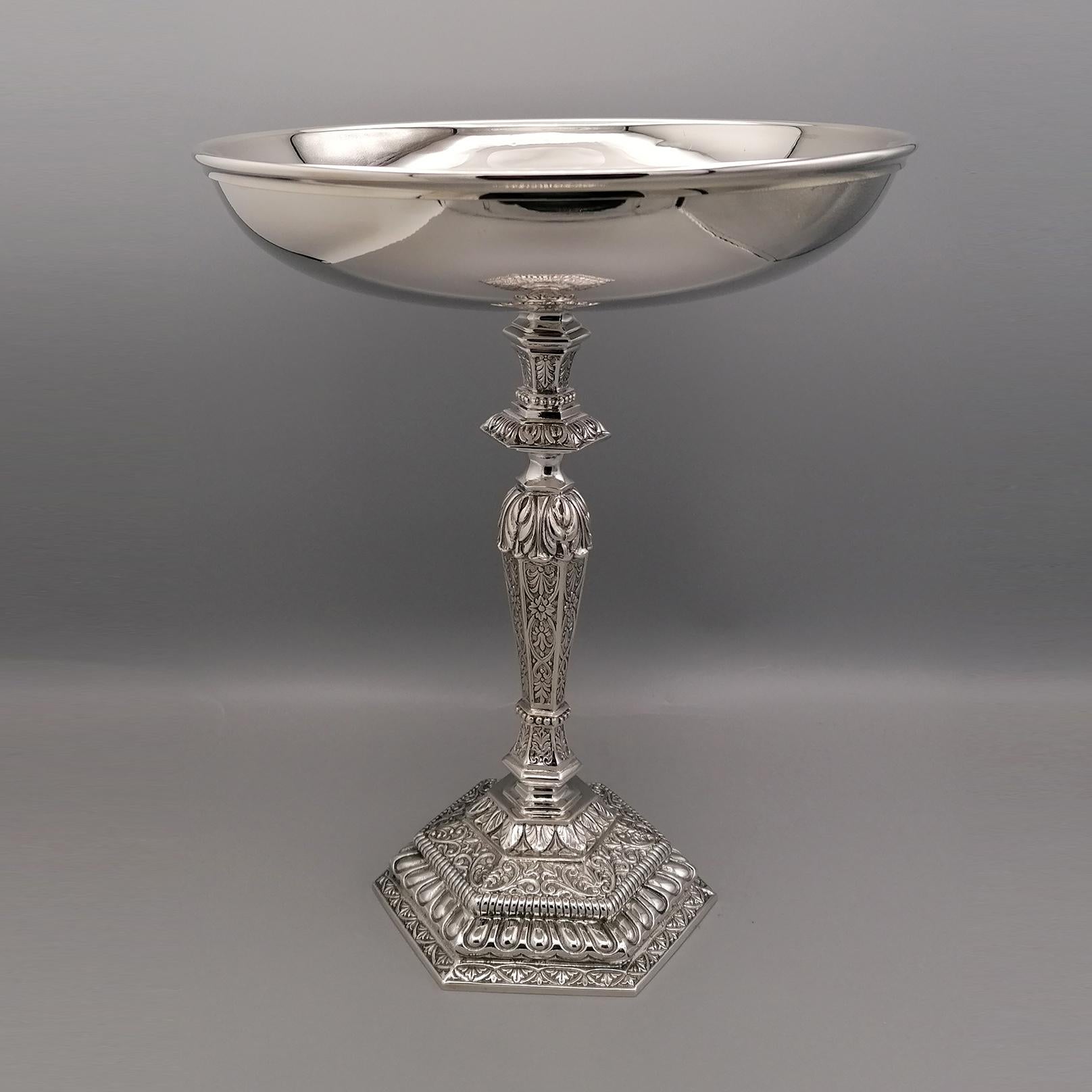 Solid silver comport in Empire style.
The hexagonal base and the stem have been made in cast and finely chiseled,
while the top cup is round and completely smooth.
Measure: 1,220 grams.
 