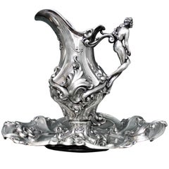 20th Century Italian Silver Embossed Rococo Carafe with Plate, Milan, 1930s