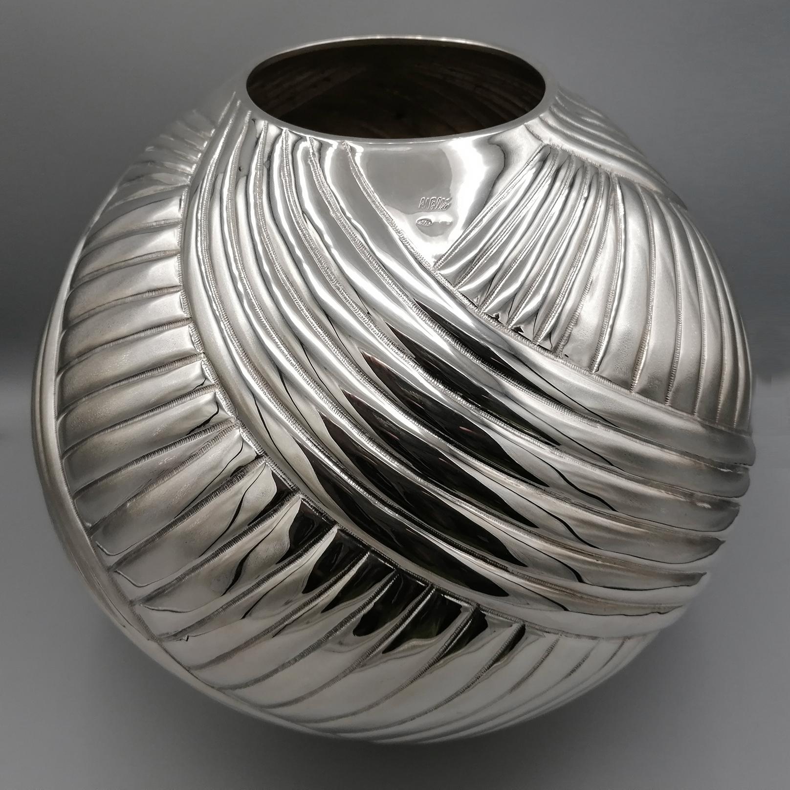 Modern 20th Century Italian Silver Globe Vase, ceased and embossed by hand.  For Sale