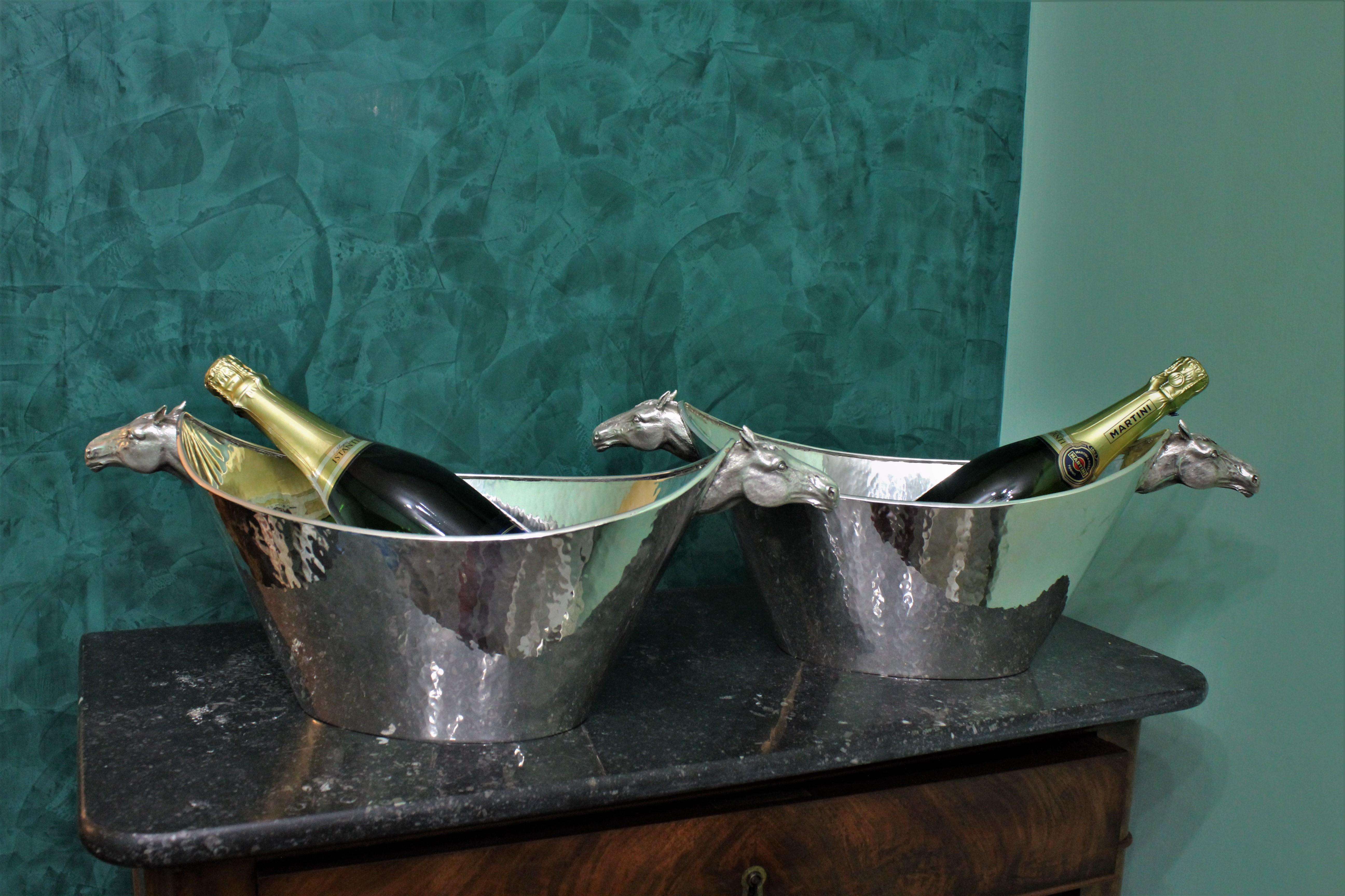 20th Century Italian Silver Hammered Cast Horse Heads Wine Coolers Pair, 1950s 1