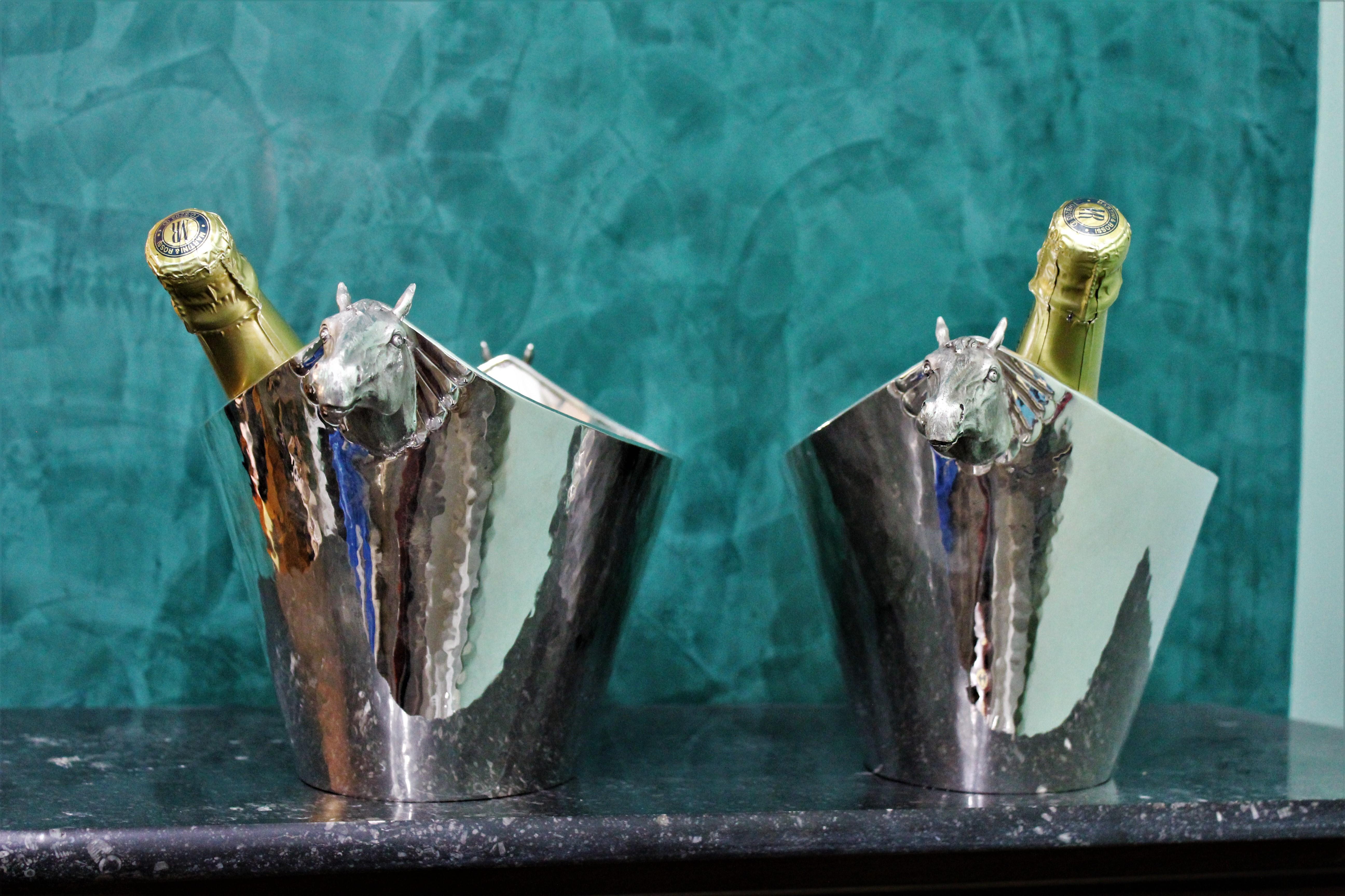 20th Century Italian Silver Hammered Cast Horse Heads Wine Coolers Pair, 1950s 2