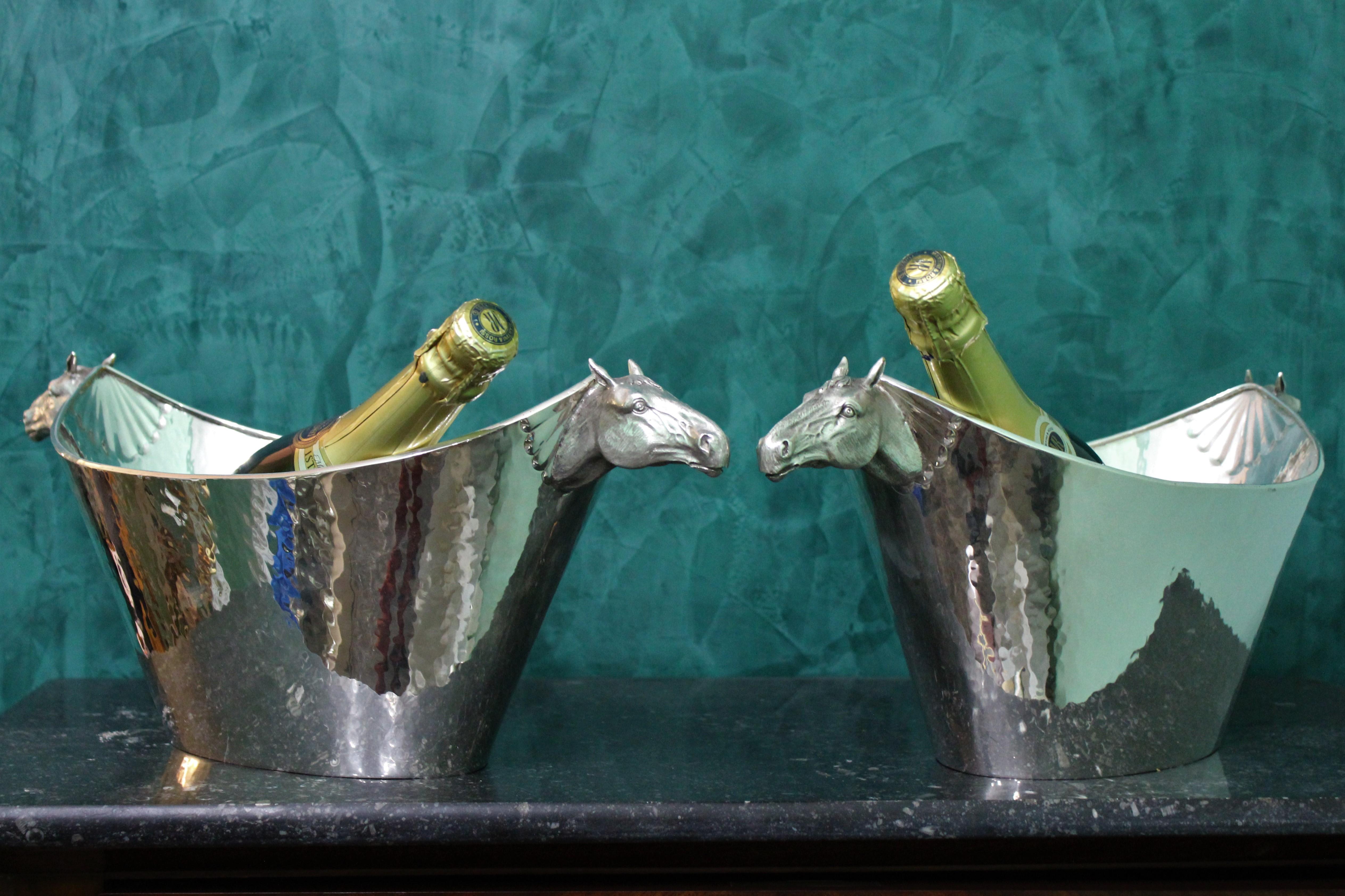20th Century Italian Silver Hammered Cast Horse Heads Wine Coolers Pair, 1950s 4