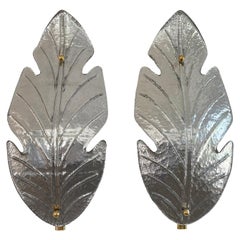 20th Century Italian Silver Pair of Murano Glass Sommerso Leaf Wall Sconces