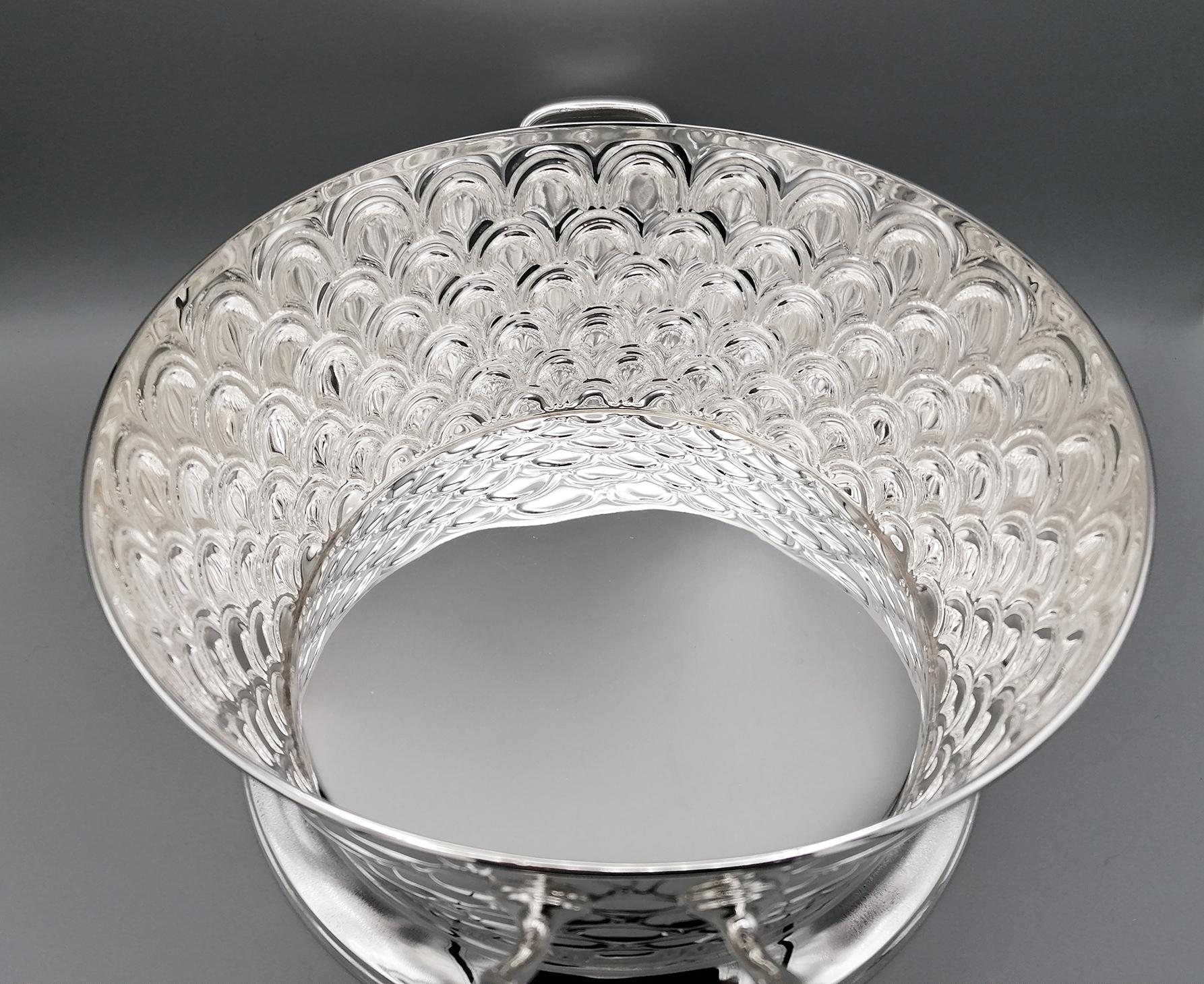 20th Century Italian Silver Round basket with handles. Handicraft made in Italy For Sale 4