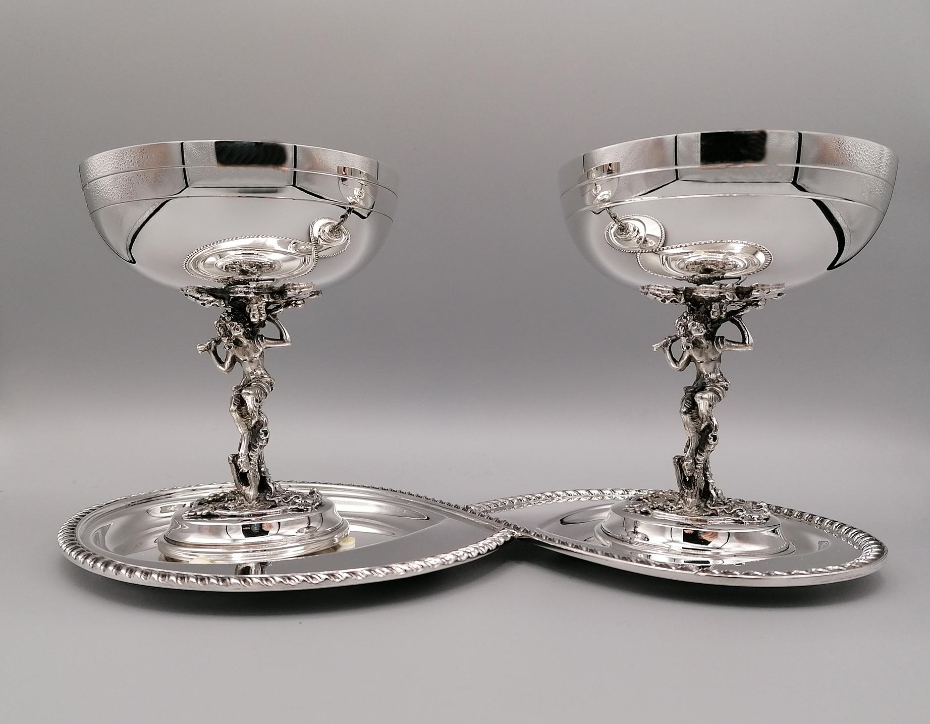 Queen Anne 20th Century Italian Silver Shaped Tray with Two Champagne Cups
