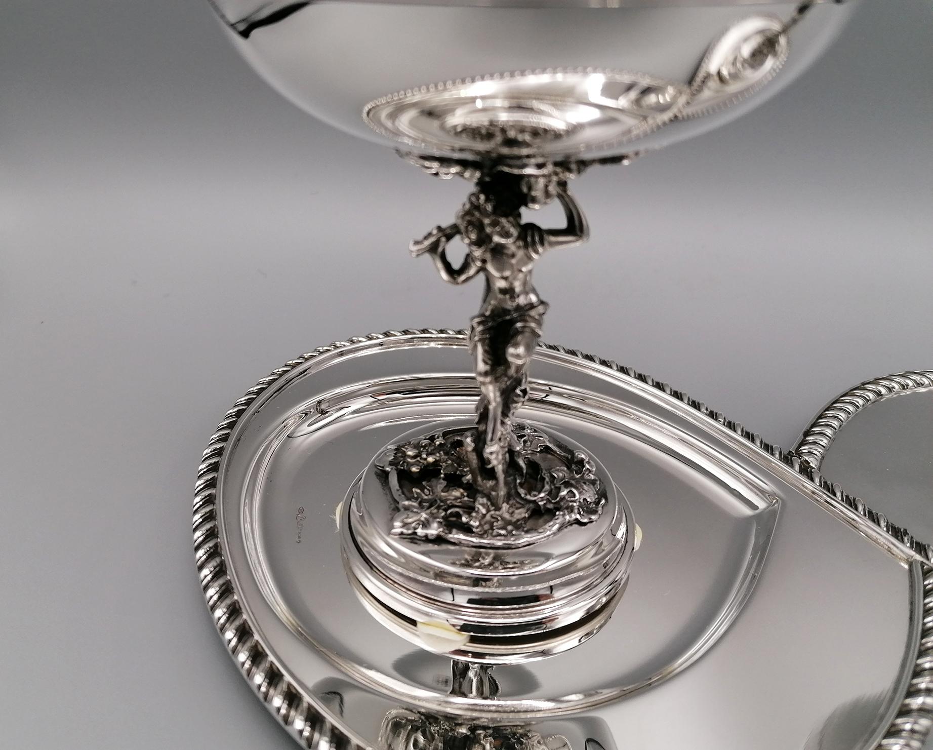 Hand-Crafted 20th Century Italian Silver Shaped Tray with Two Champagne Cups