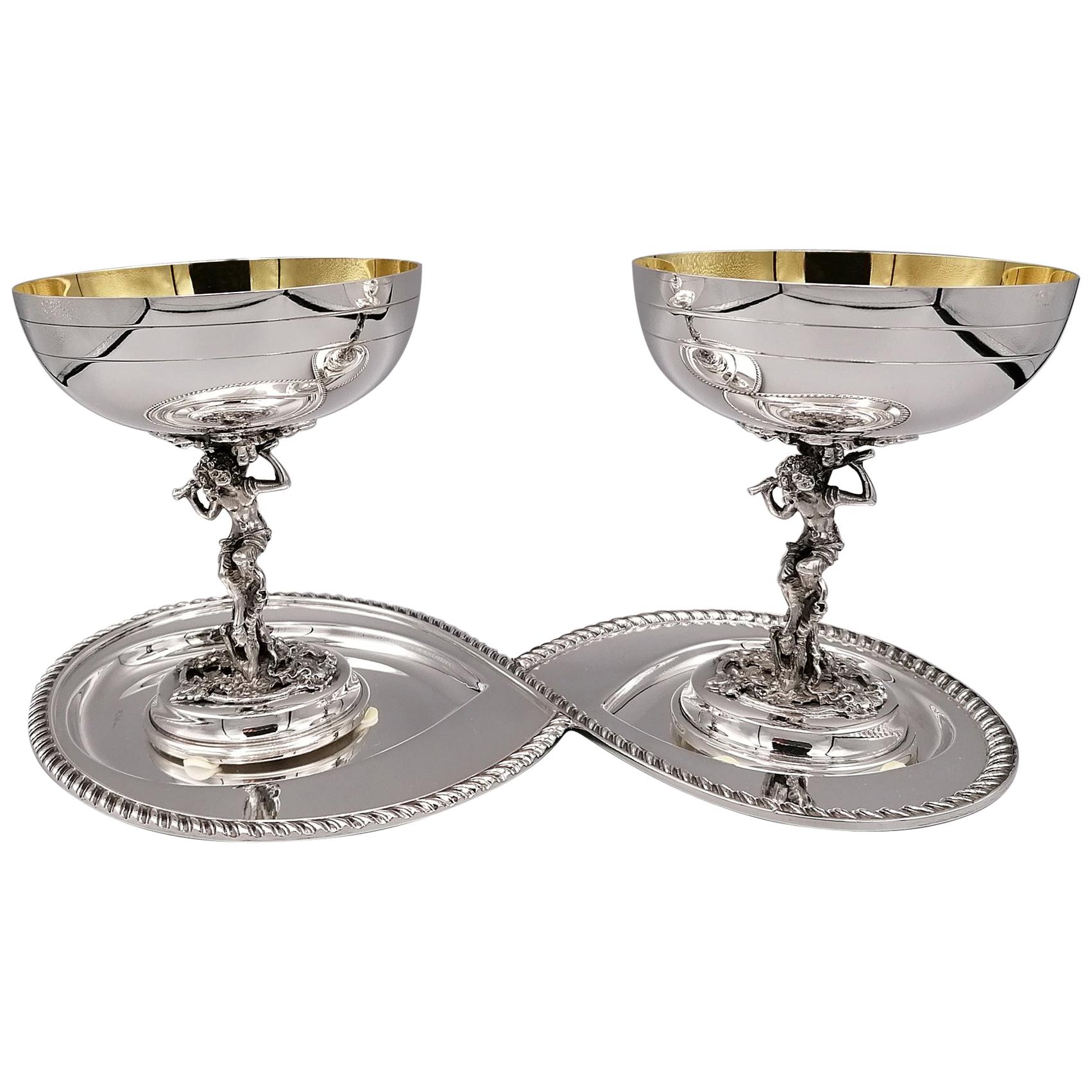 20th Century Italian Silver Shaped Tray with Two Champagne Cups