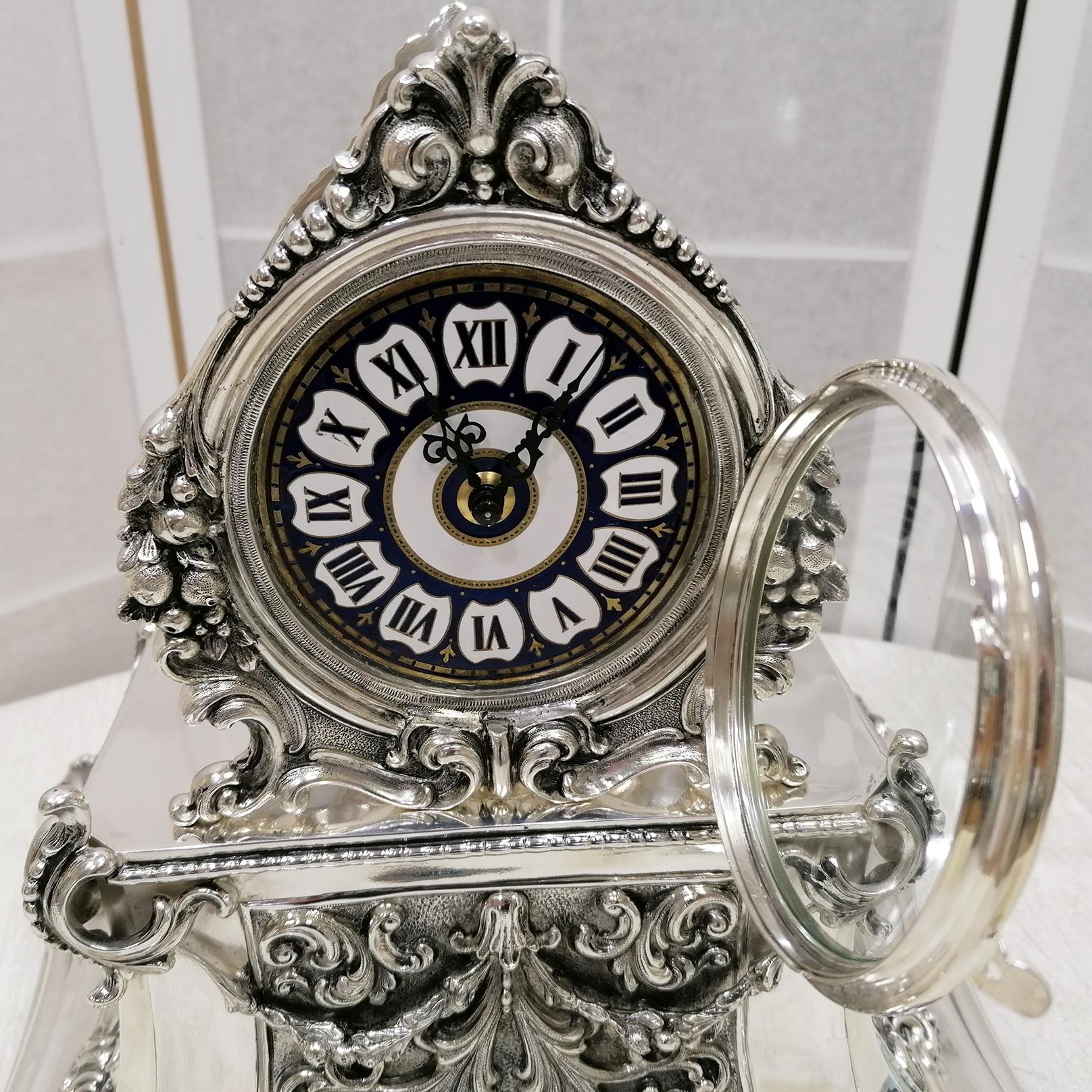 20th Century Italian Silver Table Clock Barocco revival  For Sale 5