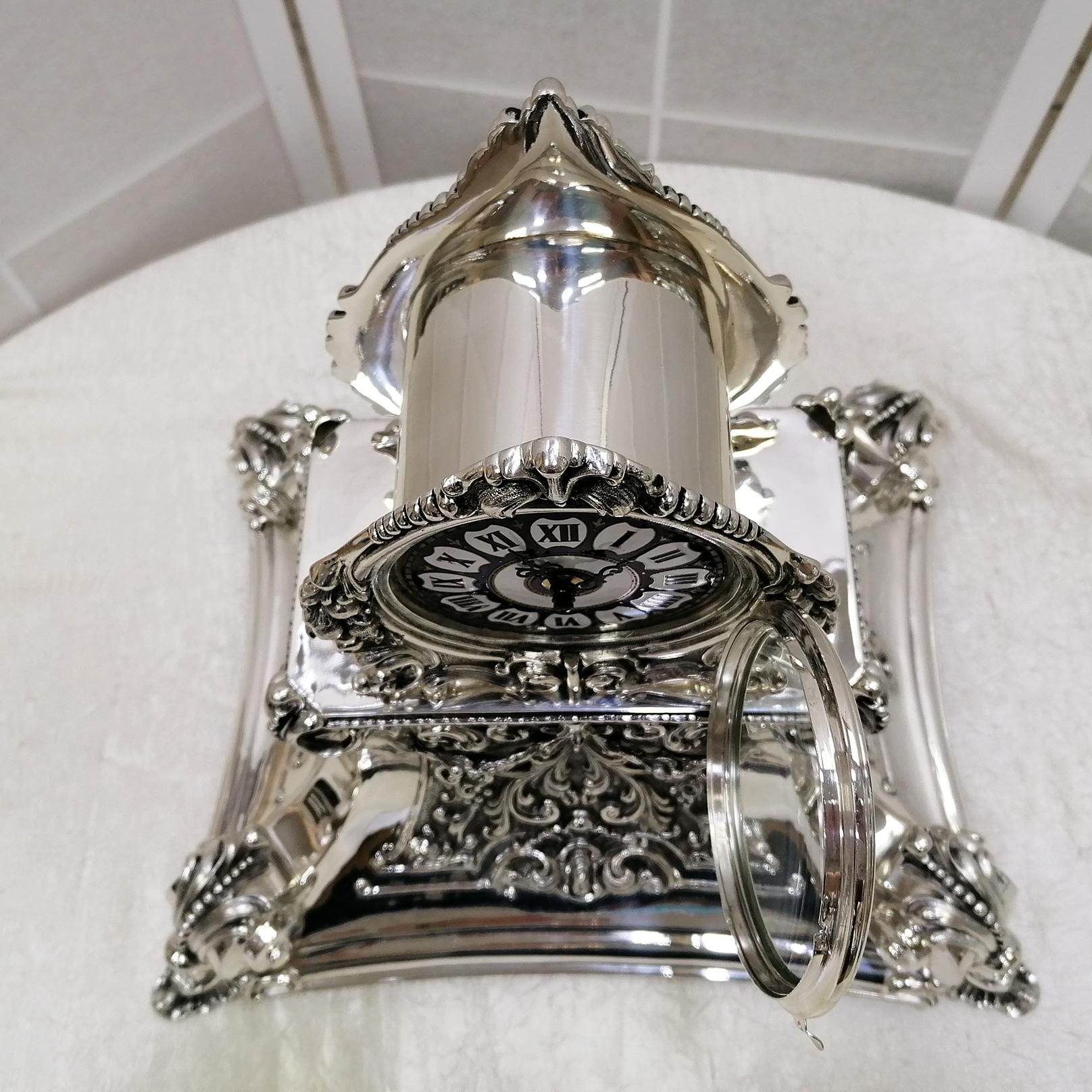 20th Century Italian Silver Table Clock Barocco revival  For Sale 7