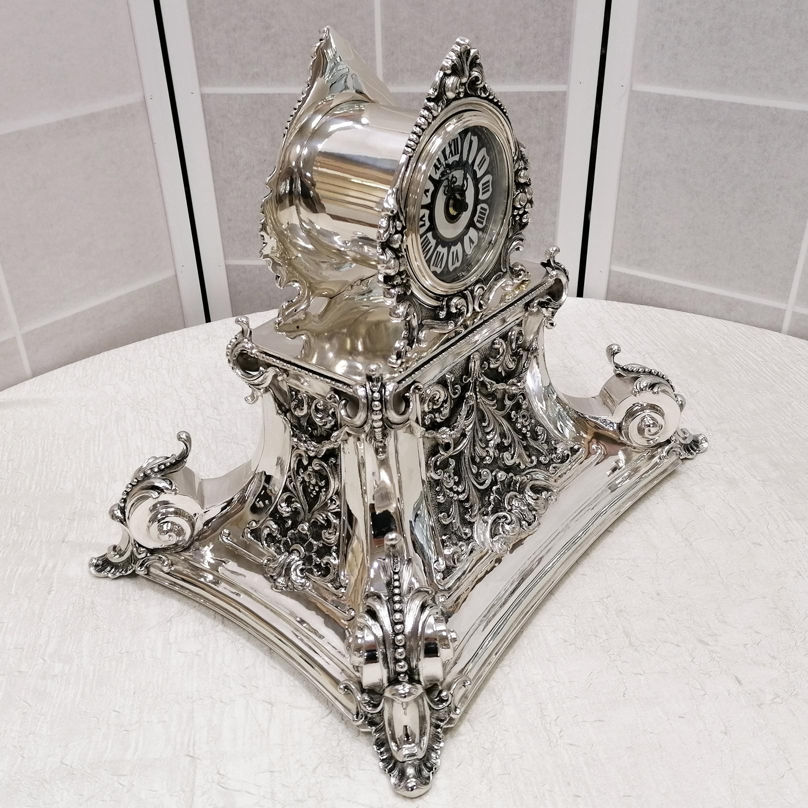 Baroque 20th Century Italian Silver Table Clock Barocco revival  For Sale