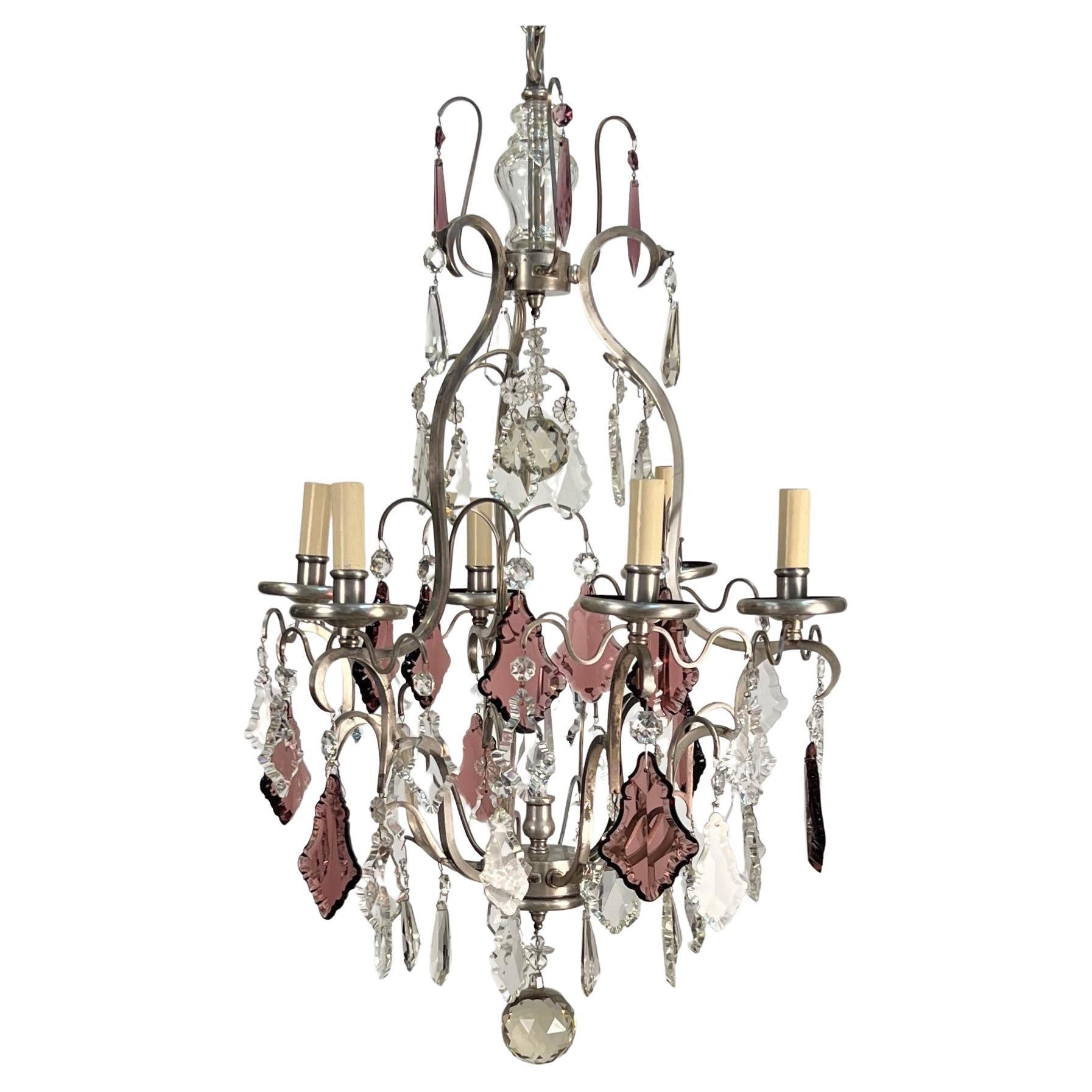 20th Century Italian Silvered Bronze & Crystal Louis XVI Style Chandelier For Sale