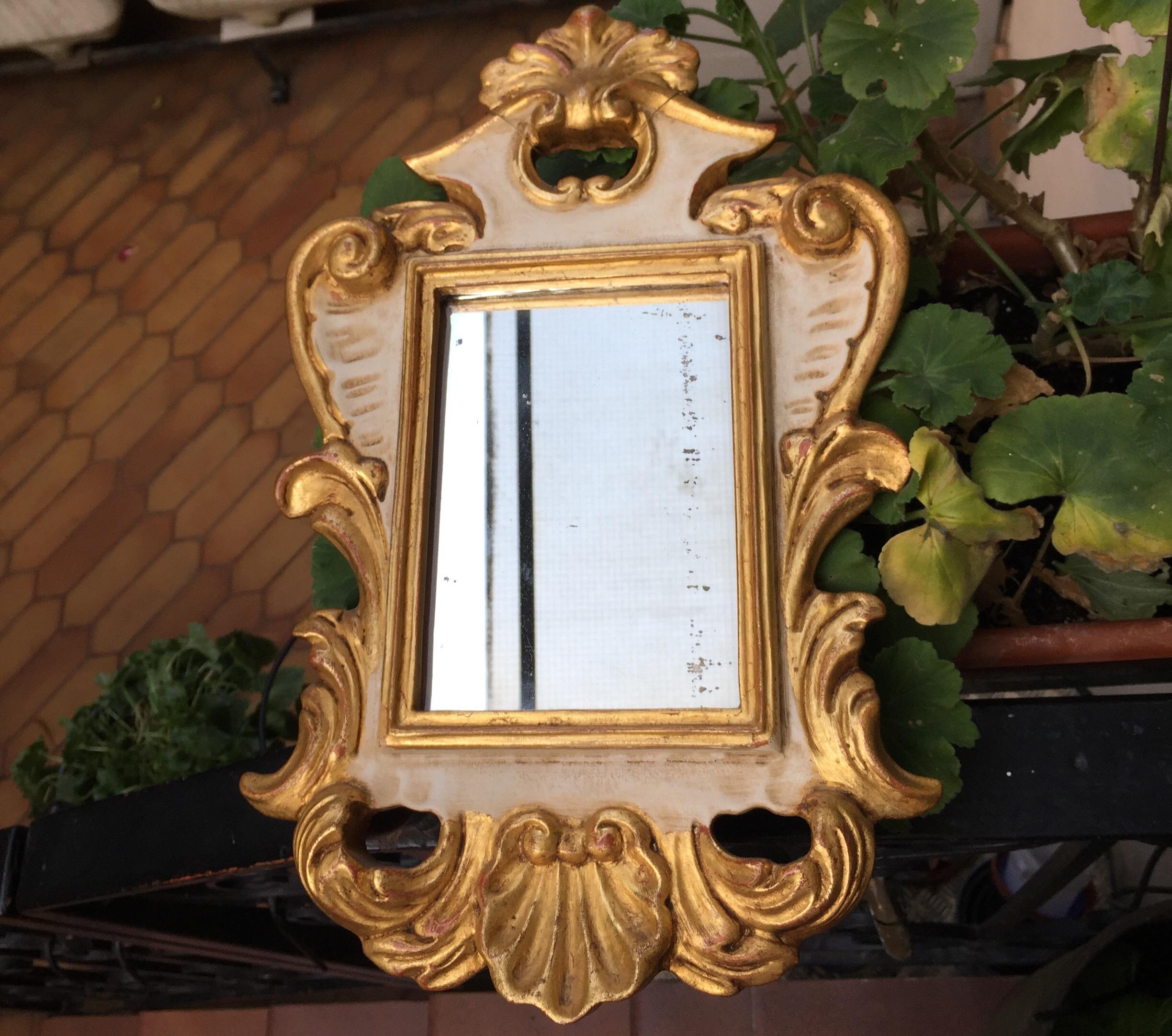 20th Century Italian Small Mirror Carved Giltwood and Ivory Painted 10