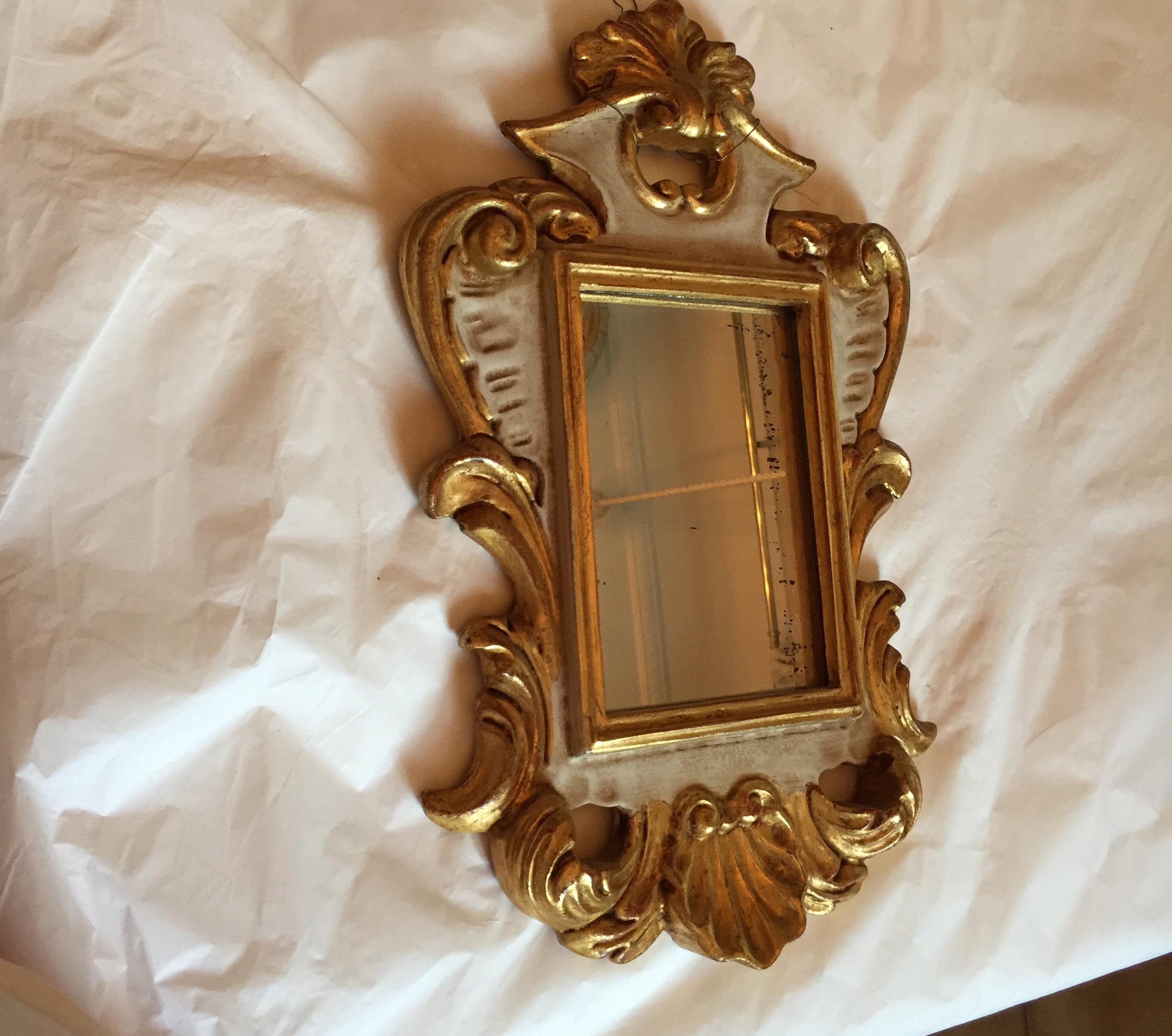 20th Century Italian Small Mirror Carved Giltwood and Ivory Painted 2